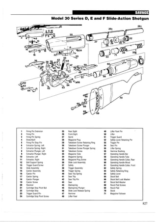 Model 30 Series D, E and F Slide-Action Shotgun
1 Firing Pin Extension 25 Rear Sight 49 Lifter Pawl Pin
2 Firing Pin 26 Front Sight 50 Lifter
3 Firing Pin Spring 27 Barrel 51 Trigger Guard
4 Breechbolt 28 Magazine Plug 52 Safety-Lever Retaining Pin
5 Firing Pin Stop Pin 29 Takedown Screw Retaining Ring 53 Trigger Pin
6 Extractor Spring, Left 30 Takedown Screw Plunger 54 Sear Pin
7 Extractor Spring, Right 31 Takedown Screw Plunger Spring 55 Lifter Spring
8 Extractor Plunger, Left 32 Takedown Screw 56 Hammer Bushing
9 Extractor Plunger, Right 33 MagazineTube 57 Operating Handle Bar
10 Extractor, Left 34 Magazine Spring 58 Operating HandleTube
11 Extractor, Right 35 Magazine Plug Screw 59 Operating Handle Collar, Rear
12 Bolt Support Spring 36 Slide Lock Assembly 60 Operating HandleWood
13 Trigger Guard Screw 37 Safety 61 Operating Handle Collar, Front
14 Slide Assembly 38 Trigger Assembly 62 Safety Spring
15 Ejector Assembly 39 Trigger Spring 63 Safety Retaining Ring
16 Ejector Pin 40 Sear Trip Spring 64 Safety-Lever
17 Ejector Spring 41 Sear Trip 65 Stock Bolt
18 Ejector Plunger 42 Sear Trip Pin 66 Stock Bolt Lock Washer
19 Ejector Screw 43 Sear 67 Stock Bolt Washer
20 Receiver 44 Mainspring 68 Recoil Pad Screws
21 Cartridge Stop Pivot Nut 45 Mainspring Plunger 69 Recoil Pad
22 Cartridge Stop 46 Slide Lock Release Spring 70 Stock
23 Trigger Guard Pin 47 Hammer 71 Magazine Follower
24 Cartridge Stop Pivot Screw 48 Lifter Pawl
 