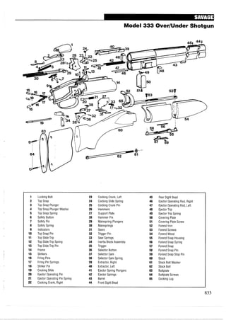 Model 333 OverIUnder Shotgun
1 Locking Bolt 23 Cocking Crank, Left 45 Rear Sight Bead
2 TopSnap 24 Cocking Slide Spring 46 Ejector Operating Rod, Right
3 Top Snap Plunger 25 Cocking Crank Pin 47 Ejector Operating Rod, Left
4 Top Snap Plunger Washer 26 Hammers 48 Ejector Trip
5 Top Snap Spring 27 Support Plate 49 Ejector Trip Spring
6 Safety Button 28 Hammer Pin 50 Covering Plate
7 Safety Pin 29 Mainspring Plungers 51 Covering Plate Screw
8 Safety Spring 30 Mainsprings 52 Forend Iron
9 Indicators 31 Sears 53 Forend Screws
10 Top Snap Pin 32 Trigger Pin 54 ForendWood
11 Top Slide Trip 33 Sear Springs 55 Forend Snap Housing
12 Top Slide Trip Spring 34 Inertia Block Assembly 56 Forend Snap Spring
13 Top Slide Trip Pin 35 Trigger 57 Forend Snap
14 Frame 36 Selector Button 58 Forend Snap Pin
15 Strikers 37 Selector Cam 59 Forend Snap Stop Pin
16 Firing Pins 38 Selector Cam Spring 60 Stock
17 Firing Pin Springs 39 Extractor, Right 61 Stock Bolt Washer
18 Striker Pin 40 Extractor, Left 62 Stock Bolt
19 Cocking Slide 41 Ejector Spring Plungers 63 Buttplate
20 Ejector Operating Pin 42 Ejector Springs 64 Buttplate Screws
21 Ejector Operating Pin Spring 43 Barrel 65 Cocking Lug
22 Cocking Crank, Right 44 Front Sight Bead
 