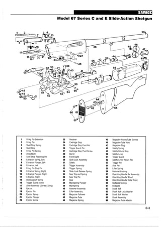 Model 67 Series C and E Slide-Action Shotgun
1 Firing Pin Extension 23 Receiver 45 Magazine Housefrube Screws
2 Firing Pin 24 Cartridge Stop 46 Magazine Tube Yoke
3 Shell Stop Spring 25 Cartridge Stop Pivot Nut 47 Magazine Plug
4 Shell Stop 26 Trigger Guard Pin 48 Safety Spring
5 Firing Pin Spring 27 Cartridge Stop Pivot Screw 49 Safety Return Ring
6 Breechbolt 28 Barrel 50 Safety-Lever
7 Shell Stop Retaining Pin 29 Front Sight 51 Trigger Guard
8 Extractor Spring, Left 30 Slide Lock Assembly 52 Safety-Lever Return Pin
9 Extractor Plunger, Left 31 Safety 53 Trigger Pin
10 Extractor, Left 32 Trigger Assembly 54 Sear Pin
11 Firing Pin Stop Pin 33 Trigger Spring 55 Lifter Spring
12 Extractor Spring, Right 34 Slide Lock Release Spring 56 Hammer Bushing
13 Extractor Plunger, Right 35 Sear Trip and Spring 57 Operating Handle Bar Assembly
14 Extractor, Right 36 Sear Trip Pin 58 Operating Handle Wood
15 Bolt Support Spring 37 Sear 59 Operating Handle Collar Front
16 Trigger Guard Screw 38 Mainspring Plunger 60 Buttplate Screws
17 Slide Assembly (Series C Only) 39 Mainspring 61 Buttplate
18 Ejector 40 Hammer Assembly 62 Stock Bolt
19 Ejector Pin 41 Lifter Assembly 63 Stock Bolt Lock Washer
20 Ejector Spring 42 Magazine Follower 64 Stock Bolt Washer
21 Ejector Plunger 43 Magazine Tube 65 Stock Assembly
22 Ejector Screw 44 Magazine Spring 66 Magazine Tube Adapter
 