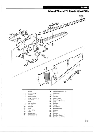 Model 72 and 74 Single Shot Rifle
lo@
1 Hammer 16 Hammer, Breechblock and
2 Hammer Spring Trigger Pins
3 Firing Pin 17 Link
4 Firing Pin Spring 18 Link Pins
5 Firing Pin Securing Pin 19 Detent Plunger
6 Breechblock 20 Detent Plunger Spring
7 Barrel 21 Lever
8 Rear Sight Step 22 Extractor
9 Rear Sight 23 Forend
10 Front Sight 24 Forend Screw
11 Frame 25 Buttplate Screws
12 Trigger Spring 26 Buttplate
13 Trigger 27 Stock
14 Hammer Block 28 Stock Bolt
15 Hammer Block Pin 29 Stock Bolt Washer
30 Stock Bolt Lock Washer
 