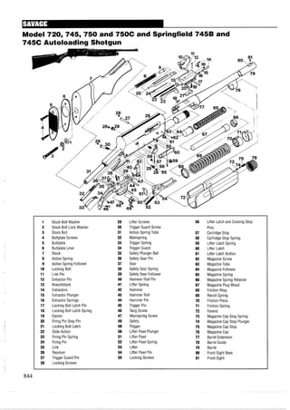 Model 720, 745, 750 and 750C and Springfield 745B and
745C Autoloading Shotgun
1 Stock Bolt Washer 29 Lifter Screws 56 Lifter Latch and Cocking Stop
2 Stock Bolt Lock Washer 30 Trigger Guard Screw Pins
3 Stock Bolt 31 Action Spring Tube 57 Cartridge Stop
4 Buttplate Screws 32 Mainspring 58 Cartridge Stop Spring
5 Buttplate 33 Trigger Spring 59 Lifter Latch Spring
6 Buttplate Liner 34 Trigger Guard 60 Lifter Latch
7 Stock 35 Safety Plunger Ball 61 Lifter Latch Button
8 Action Spring 36 Safety Sear Pin 62 Magazine Screw
9 Action Spring Follower 37 Sear 63 MagazineTube
10 Locking Bolt 38 Safety Sear Spring 64 Magazine Follower
11 Link Pin 39 Safety Sear Follower 65 MagazineSpring
12 Extractor Pin 40 Hammer Roll Pin 66 MagazineSpring Retainer
13 Breechblock 41 Lifter Spring 67 Magazine Plug Wood
14 Extractors 42 Hammer 68 Friction Ring
15 Extractor Plunger 43 Hammer Roll 69 Recoil Spring
16 Extractor Springs 44 Hammer Pin 70 Friction Piece
17 Locking Bolt Latch Pin 45 Trigger Pin 71 Friction Spring
18 Locking Bolt Latch Spring 46 Tang Screw 72 Forend
19 Ejector 47 Mainspring Screw 73 MagazineCap Stop Spring
20 Firing Pin Stop Pin 48 Safety 74 MagazineCap Stop Plunger
21 Locking Bolt Latch 49 Trigger 75 MagazineCap Stop
22 Slide Action 50 Lifter Pawl Plunger 76 MagazineCap
23 Firing Pin Spring 51 Lifter Pawl 77 Barrel Extension
24 Firing Pin 52 Lifter Pawl Spring 78 Barrel Guide
25 Link 53 Lifter 79 Barrel
26 Receiver 54 Lifter Pawl Pin 80 Front Sight Base
27 Trigger Guard Pin 55 Locking Screws 81 Front Sight
28 Locking Screws
 