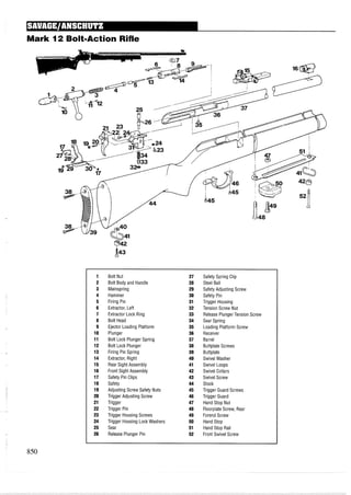 Mark 12 Bolt-Action Rifle
1 Bolt Nut 27 Safety Spring Clip
2 Bolt Body and Handle 28 Steel Ball
3 Mainspring 29 Safety Adjusting Screw
4 Hammer 30 Safety Pin
5 Firing Pin 31 Trigger Housing
6 Extractor, Left 32 Tension Screw Nut
7 Extractor Lock Ring 33 Release Plunger Tension Screw
8 Bolt Head 34 Sear Spring
9 Ejector Loading Platform 35 Loading Platform Screw
10 Plunger 36 Receiver
11 Bolt Lock Plunger Spring 37 Barrel
12 Bolt Lock Plunger 38 Buttplate Screws
13 Firing Pin Spring 39 Buttplate
14 Extractor, Right 40 Swivel Washer
15 Rear Sight Assembly 41 Swivel Loops
16 Front Sight Assembly 42 Swivel Collars
17 Safety Pin Clips 43 Swivel Screw
18 Safety 44 Stock
19 Adjusting Screw Safety Nuts 45 Trigger Guard Screws
20 Trigger Adjusting Screw 46 Trigger Guard
21 Trigger 47 Hand Stop Nut
22 Trigger Pin 48 Floorplate Screw, Rear
23 Trigger Housing Screws 49 Forend Screw
24 Trigger Housing Lock Washers 50 Hand Stop
25 Sear 51 Hand Stop Rail
26 Release Plunger Pin 52 Front Swivel Screw
 