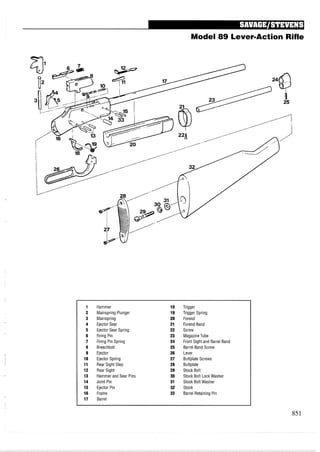 Model 89 Lever-ActionRifle
Hammer
Mainspring Plunger
Mainspring
Ejector Sear
Ejector Sear Spring
Firing Pin
Firing Pin Spring
Breechbolt
Ejector
Ejector Spring
Rear Sight Step
Rear Sight
Hammer and Sear Pins
Joint Pin
Ejector Pin
Frame
Barrel
Trigger
Trigger Spring
Forend
Forend Band
Screw
MagazineTube
Front Sight and Barrel Band
Barrel Band Screw
Lever
Buttplate Screws
Buttplate
Stock Bolt
Stock Bolt Lock Washer
Stock Bolt Washer
Stock
Barrel Retaining Pin
 