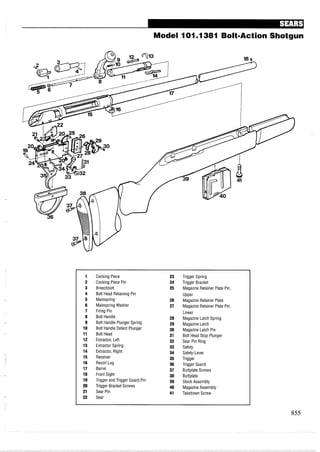 Model I01.I381 Bolt-Action Shotgun
1 Cocking Piece 23 Trigger Spring
2 Cocking Piece Pin 24 Trigger Bracket
3 Breechbolt 25 Magazine Retainer Plate Pin,
4 Bolt Head Retaining Pin Upper
5 Mainspring 26 Magazine Retainer Plate
6 Mainspring Washer 27 Magazine Retainer Plate Pin,
7 Firing Pin Lower
8 Bolt Handle 28 Magazine Latch Spring
9 Bolt Handle Plunger Spring 29 Magazine Latch
10 Bolt Handle Detent Plunger 30 Magazine Latch Pin
11 Bolt Head 31 Bolt Head Stop Plunger
12 Extractor, Left 32 Sear Pin Ring
13 Extractor Spring 33 Safety
14 Extractor, Right 34 Safety-Lever
15 Receiver 35 Trigger
16 Recoil Lug 36 Trigger Guard
17 Barrel 37 Buttplate Screws
18 Front Sight 38 Buttplate
19 Trigger and Trigger Guard Pin 39 Stock Assembly
20 Trigger Bracket Screws 40 MagazineAssembly
21 Sear Pin 41 Takedown Screw
22 Sear
 