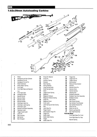 7.62x39mm Autoloading Carbine
1 Piston 25 Firing Pin Retainer 51 Trigger Bar
2 Handguard and Gas Cylinder 26 Firing Pin 52 Trigger Bar Pin
3 Handguard Ferrule 27 Extractor Spring 53 Trigger Spring
4 Handguard Ferrule Pin 28 Extractor 54 Disconnector
5 Piston Extension 29 Recoil Spring 55 Rebound Disconnector
6 Piston Return Spring 30 Spring Retainer 56 Hammer
7 Front Sight 31 Large Spring Guide 57 Hammer Strut Pin
8 Front Sight Base and Bayonet 32 Small Spring Guide 58 Hammer Strut
Lug 33 Stock 59 Hammer Spring
9 Front Sight Seat 34 Trigger Guard Spring 60 Cleaning Rod
10 Handguard Catch 35 Magazine 61 Buttplate Assembly
11 Bayonet Screw 36 Magazine Follower 62 Buttplate Trap Door Assembly
12 Bayonet, Blade 37 Magazine Follower Spring 63 Buttplate Screws
13 Bayonet, Spike 38 Hinge Pin 64 Rear Swivel
14 Bayonet Handle 39 Magazine Cover 65 Rear Swivel Screws
15 Hold-Open Latch Pin 40 Cover Latch 66 Gas Cylinder Front Bracket
16 Hold-Open Latch Spring 41 Latch Spring and Sear Spring 67 Gas Cylinder Bracket Pin
17 Hold-Open Latch 42 Sear 68 Stock Ferrule
18 Receiverand Barrel Assembly 43 Latch Stop Pin 69 Stock Ferrule Pin
19 Takedown Latch 44 Trigger Guard 70 Recoil Lug Assembly
20 Trigger Guard Latch 45 Disconnector Hinge Pin 71 Rear Sight Assembly
21 Latch Pin 46 Trigger Pin Parts Not Shown
22 Rear Housing 47 Safety Catch Front Sight Base Pin, Front
23 Bolt Carrier 48 Safety Catch Spring Front Sight Base Pin, Rear
24 Bolt, Stripped 49 Trigger
50 Safety Catch Pin
Bayonet Spring
 