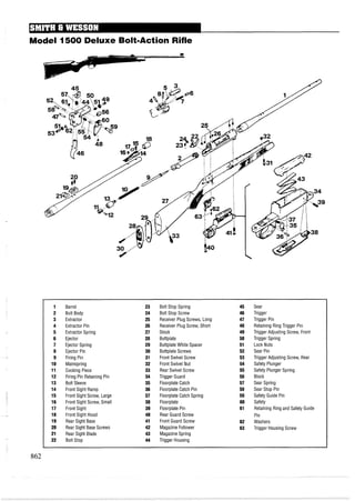 Model 1500 Deluxe Bolt-Action Rifle
Barrel
Bolt Body
Extractor
Extractor Pin
Extractor Spring
Ejector
Ejector Spring
Ejector Pin
Firing Pin
Mainspring
Cocking Piece
Firing Pin Retaining Pin
Bolt Sleeve
Front Sight Ramp
Front Sight Screw, Large
Front Sight Screw, Small
Front Sight
Front Sight Hood
Rear Sight Base
Rear Sight Base Screws
Rear Sight Blade
Bolt Stop
Bolt Stop Spring
Bolt Stop Screw
Receiver Plug Screws, Long
Receiver Plug Screw, Short
Stock
Buttplate
Buttplate White Spacer
Buttplate Screws
Front Swivel Screw
Front Swivel Nut
Rear Swivel Screw
Trigger Guard
Floorplate Catch
Floorplate Catch Pin
Floorplate Catch Spring
Floorplate
Floorplate Pin
Rear Guard Screw
Front Guard Screw
Magazine Follower
Magazine Spring
Trigger Housing
Sear
Trigger
Trigger Pin
Retaining Ring Trigger Pin
Trigger Adjusting Screw, Front
Trigger Spring
Lock Nuts
Sear Pin
Trigger Adjusting Screw, Rear
Safety Plunger
Safety Plunger Spring
Block
Sear Spring
Sear Stop Pin
Safety Guide Pin
Safety
Retaining Ring and Safety Guide
Pin
Washers
Trigger Housing Screw
 