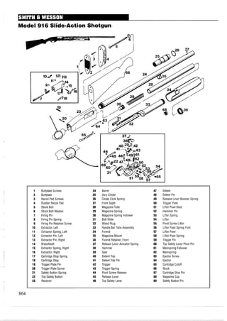 Model 916 Slide-Action Shotgun
1 Buttplate Screws 24 Barrel 47 Detent
2 Buttplate 25 Vary Choke 48 Detent Pin
3 Recoil Pad Screws 26 Choke Click Spring 49 Release Lever Booster Spring
4 Rubber Recoil Pad 27 Front Sight 50 Trigger Plate
5 Stock Bolt 28 MagazineTube 51 Lifter Pawl Stud
6 Stock Bolt Washer 29 Magazine Spring 52 Hammer Pin
7 Firing Pin 30 Magazine Spring Follower 53 Lifter Spring
8 Firing Pin Spring 31 Bolt Slide 54 Lifter
9 Firing Pin Retainer Screw 32 Wood Plug 55 Pivot Screw Lifter
10 Extractor, Left 33 Handle Bar Tube Assembly 56 Lifter Pawl Spring Post
11 Extractor Spring, Left 34 Forend 57 Lifter Pawl
12 Extractor Pin, Left 35 Magazine Mount 58 Lifter Pawl Spring
13 Extractor Pin, Right 36 Forend Retainer, Front 59 Trigger Pin
14 Breechbolt 37 Release Lever Actuator Spring 60 Top Safety Lever Pivot Pin
15 Extractor Spring, Right 38 Hammer 61 Mainspring Follower
16 Extractor, Right 39 Sear 62 Mainspring
17 Cartridge Stop Spring 40 DetentTrip 63 Ejector Screw
18 Cartridge Stop 41 DetentTrip Pin 64 Ejector
19 Trigger Plate Pin 42 Trigger 65 Cartridge Cutoff
20 Trigger Plate Screw 43 Trigger Spring 66 Stock
21 Safety Button Spring 44 Pivot Screw Release 67 Cartridge Stop Pin
22 Top Safety Button 45 Release Lever 68 Magazine Cap
23 Receiver 46 Top Safety Lever 69 Safety Button Pin
 