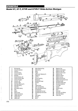 Model 67,677, 67VR and 67VR-T Slide-Action Shotgun
1 Bolt Assembly 23 Safety Retaining Ring 45 MagazineTube
2 Firing Pin Extension 24 Safety Spring 46 MagazineTube Adapter
3 Firing Pin 25 Safety 47 MagazineTube Yoke
4 Firing Pin Spring 26 Trigger 48 MagazineTube Screws
5 Firing Pin Stop Pin 27 Safety-Lever Retaining Pin 49 Magazine Plug
6 Bolt Body 28 Trigger Pin 50 Magazine Follower
7 Extractor Spring, Left 29 Sear Pin 51 MagazineSpring
8 Extractor Spring, Right 30 Hammer Bushing 52 MagazineSpring Seat
9 Extractor Plungers 31 Mainspring 53 MagazineSpring Seat Screw
10 Extractor, Left 32 Mainspring Plunger 54 Operating Handle
11 Extractor, Right 33 Hammer 55 Operating Handle Collar
12 Shell Stop Retaining Pin 34 Sear 56 Operating Handle Bar
13 Shell Stop Spring 35 Trigger Spring 57 Front Sight
14 Shell Stop 36 Slide Lock Assembly 58 Buttpad
15 Bolt Support Spring 37 Slide Lock Release Spring 59 Buttpad Screws
16 Slide 38 Cartridge Stop 60 Stock
17 Ejector 39 Cartridge Stop Pivot Nut 61 Stock Bolt
18 Ejector Screw 40 Cartridge Stop Pivot Screw 62 Stock Bolt Lock Washer
19 Trigger Guard Screw 41 Lifter 63 Stock Bolt Washer
20 Trigger Guard Pin 42 Lifter Spring 64 ChokeTube
21 Trigger Guard 43 Receiver
22 Safety-Lever 44 Barrel
 