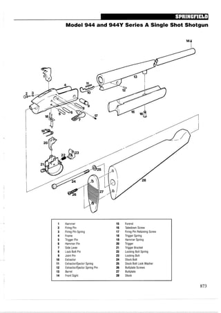1 Hammer 15 Forend
2 Firing Pin 16 Takedown Screw
3 Firing Pin Spring 17 Firing Pin Retaining Screw
4 Frame 18 Trigger Spring
5 Trigger Pin 19 Hammer Spring
6 Hammer Pin 20 Trigger
7 Side Lever 21 Trigger Bracket
8 Lock Bolt Pin 22 Locking Bolt Spring
9 Joint Pin 23 Locking Bolt
10 Extractor 24 Stock Bolt
11 ExtractorIEjector Spring 25 Stock Bolt Lock Washer
12 ExtractorIEjector Spring Pin 26 Buttplate Screws
13 Barrel 27 Buttplate
14 Front Sight 28 Stock
 