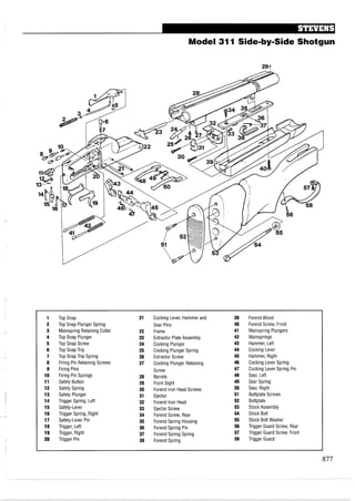 Model 31I Side-by-SideShotgun
29
1 Top Snap 21 Cocking Lever, Hammer and 39 ForendWood
2 Top Snap Plunger Spring Sear Pins 40 Forend Screw, Front
3 Mainspring Retaining Collar 22 Frame 41 Mainspring Plungers
4 Top Snap Plunger 23 Extractor Plate Assembly 42 Mainsprings
5 Top Snap Screw 24 Cocking Plunger 43 Hammer, Left
6 Top Snap Trip 25 Cocking Plunger Spring 44 Cocking Lever
7 Top Snap Trip Spring 26 Extractor Screw 45 Hammer, Right
8 Firing Pin Retaining Screws 27 Cocking Plunger Retaining 46 Cocking Lever Spring
9 Firing Pins Screw 47 Cocking Lever Spring Pin
10 Firing Pin Springs 28 Barrels 48 Sear, Left
11 Safety Button 29 Front Sight 49 Sear Spring
12 Safety Spring 30 Forend Iron Head Screws 50 Sear, Right
13 Safety Plunger 31 Ejector 51 Buttplate Screws
14 Trigger Spring, Left 32 Forend Iron Head 52 Buttplate
15 Safety-Lever 33 Ejector Screw 53 Stock Assembly
16 Trigger Spring, Right 34 Forend Screw, Rear 54 Stock Bolt
17 Safety-Lever Pin 35 Forend Spring Housing 55 Stock Bolt Washer
18 Trigger, Left 36 Forend Spring Pin 56 Trigger Guard Screw, Rear
19 Trigger, Right 37 Forend Spring Spring 57 Trigger Guard Screw, Front
20 Trigger Pin 38 Forend Spring 58 Trigger Guard
 