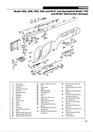 Model 58A, 58B, 58C, 38A and M-51 and Springfield Model 18C
and M-951 Bolt-Action Shotgun
1 Cocking Piece 21 Magazine Retainer Screw, Front 36 Safety Pawl Spring (38A, 58A
2 Cocking Piece Pin 22 Sear and 58B only)
3 Breechbolt 23 Trigger Spring 37 Safety Pawl (38A, 58A and 58B
4 Bolt Head Retaining Pin 24 Trigger only)
5 Mainspring 25 Magazine Assembly 38 Safety Pawl Pin (38A, 58A and
6 Mainspring Washer 26 Recoil Pad Screws 58B only)
7 Firing Pin 27 Recoil Pad 39 Bolt Head Stop Plunger Spring
8 Bolt Handle 28 Stock
(38A, 58A and 58B only)
9 Bolt Head 29 Trigger Guard Screw, Long
40 Bolt Head Stop Plunger (38A,
10 Extractor 30 Trigger Guard
11 Bolt Stop Screw 31 Trigger Guard Screw, Short
58A and 58B only)
12 Ejector 32 Takedown Screw
41 Safety Screws (38A, 58A and
13 Receiver 33 Striker Washer (38A, 58A and 58B only)
14 Barrel 58B only) 42 Safety Spring (38A, 58A and
15 Front Sight 34 Mainspring Retainer (38A, 58A 588 only)
16 Safety, Sear and Trigger Pins and 58B only) 43 Extractor Springs (38A, 58A and
17 Safety 35 Bolt Body and Handle (38A, 58A 588 only)
18 Magazine Retainer Spring, Rear and 58B only)
44 Extractor Plungers (38A, 58A
19 Magazine Retainer Screw, Rear and 58B only)
20 Magazine Retainer Spring, Front 45 Striker (58B only)
 
