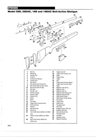 Model 58D, 58DAC, 18D and 18DAC Bolt-Action Shotgun
18o
1 Bolt Cap 27 Trigger Guard Pin
2 Mainspring 28 Trigger Guard Housing, Left
3 Indicator Rod 29 Safety
4 Firing Pin 30 Trigger Spring
5 Cocking Piece Bushing 31 Trigger
6 Cocking Piece 32 Sear
7 Bolt Handle 33 Trigger Guard Housing Spacers
8 Bolt Handle Detent Plunger Pin 34 Trigger Guard Housing, Right
9 Bolt Handle Detent Plunger Spring 35 Safety
10 Bolt Handle Detent Plunger 36 Magazine Latch Spring
11 Bolt Head 37 Magazine Latch
12 Extractor, Left 38 Magazine Latch Pin
13 Extractor Springs 39 Magazine Plate Retaining Pin
14 Extractor, Right 40 Magazine Retaining Plate
15 Extractor Pins 41 Safety Detent Plunger
16 Ejector 42 Safety Detent Plunger Spring
17 Barrel 43 Sear Spring
18 Front Sight 44 Trigger Guard
19 Trigger Guard Housing Screws 45 Safety Screw
20 Choke Assembly 46 Floorplate Insert
21 Receiver 47 Recoil Pad
22 Bolt Stop Screw 48 Buttplate Screws (18D only)
23 Recoil Lug 49 Buttplate (18D only)
24 Inner Choke Sleeve (58DACand 18DAC 50 Stock with Recoil Pad
only) 51 Floorplate Screw
25 Indicator Spring (58DACand 18DAC 52 Floorplate
only) 53 Takedown Screw
26 Outer Choke Sleeve (58DACand 54 MagazineAssembly
18DAC only)
 