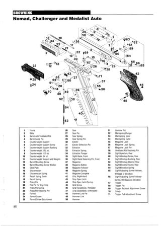 Nomad, Challenger and Medalist Auto
1 Frame 26 Sear 51 Hammer Pin
2 Slide 27 Sear Pin 52 Mainspring Plunger
3 Barrel with Ventilated Rib 28 Sear Spring 53 Mainspring, Inner
4 Barrel Guide Pin 29 Sear Spring Pin 54 Mainspring, Outer
5 Counterweight Support 30 Ejector 55 Magazine Latch
6 Counterweight Support Screw 31 Ejector Deflection Pin 56 Magazine Latch Spring
7 Counterweight Support Bushing 32 Extractor 57 Magazine Latch Pin
8 Counterweight 2.52 oz. 33 Extractor Spring 58 Ventilated Rib Retaining Pin
9 Counterweight 1.79 oz. 34 Extractor Plunger 59 Sight Aperture, Rear
10 Counterweight .94 oz. 35 Sight Blade, Front 60 Sight Windage Screw, Rear
11 Counterweight Support and Weights 36 Sight Blade Retaining Pin, Front 61 Sight Windage Bushing, Rear
12 Barrel Mounting Screw 37 Magazine 62 Sight Windage Washer, Rear
13 Barrel Mounting Screw Washer 38 Magazine Button 63 Sight Elevation Screw, Rear
14 Click Plate 39 Magazine Follower 64 Sight Elevation Spring
15 Disconnector 40 Magazine Spring 65 Sight Adjusting Screw Follower,
16 Disconnector Spring 41 Magazine Complete Windage or Elevation
17 Recoil Spring Guide 42 Grip, Right-Hand 66 Sight Adjusting Screw Follower
18 Recoil Spring 43 Stop Open Latch Spring, Windage and Elevation
19 Firing Pin 44 Stop Open Latch Spring 67 Trigger
20 Fire Pin For Dry Firing 45 Grip Screw 68 Trigger Pin
21 Firing Pin Spring 46 Grip Escutcheon, Threaded 69 Trigger Backlash Adjustment Screw
22 Firing Pin Retaining Pin 47 Grip Escutcheon, Unthreaded 70 Safety
23 Forend 48 Hammer Link Pin 71 Trigger Pull Adjustment Screw
24 Forend Screw 49 Hammer Link
25 Forend Screw Escutcheon 50 Hammer
 