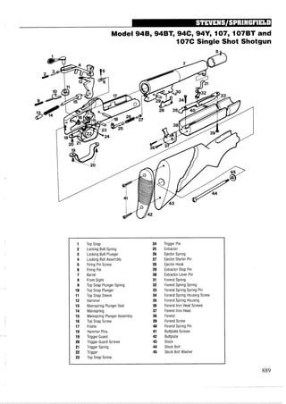 Model 94B, 94BT, 94C, 94Y, 107,107BT and
107C Single Shot Shotgun
1 Top Snap 24 Trigger Pin
2 Locking Bolt Spring 25 Extractor
3 Locking Bolt Plunger 26 Ejector Spring
4 Locking Bolt Assembly 27 Ejector Starter Pin
5 Firing Pin Screw 28 Ejector Hook
6 Firing Pin 29 Extractor Stop Pin
7 Barrel 30 Extractor Lever Pin
8 Front Sight 31 Forend Spring
9 Top Snap Plunger Spring 32 Forend Spring Spring
10 Top Snap Plunger 33 Forend Spring Spring Pin
11 Top Snap Sleeve 34 Forend Spring Housing Screw
12 Hammer 35 Forend Spring Housing
13 Mainspring Plunger Seat 36 Forend Iron Head Screws
14 Mainspring 37 Forend Iron Head
15 Mainspring Plunger Assembly 38 Forend
16 Top Snap Screw 39 Forend Screw
17 Frame 40 Forend Spring Pin
18 Hammer Pins 41 Buttplate Screws
19 Trigger Guard 42 Buttplate
20 Trigger Guard Screws 43 Stock
21 Trigger Spring 44 Stock Bolt
22 Trigger 45 Stock Bolt Washer
23 Top Snap Screw
 