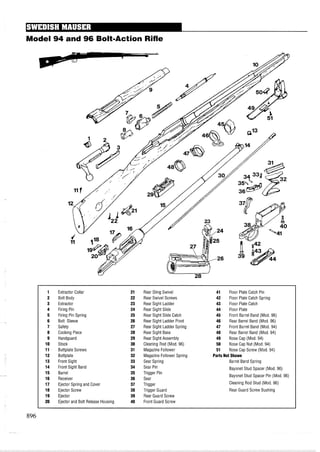 Model 94 and 96 Bolt-Action Rifle
1 Extractor Collar 21 Rear Sling Swivel 41 Floor Plate Catch Pin
2 Bolt Body 22 Rear Swivel Screws 42 Floor Plate Catch Spring
3 Extractor 23 Rear Sight Ladder 43 Floor Plate Catch
4 Firing Pin 24 Rear Sight Slide 44 Floor Plate
5 Firing Pin Spring 25 Rear Sight Slide Catch 45 Front Barrel Band (Mod. 96)
6 Bolt Sleeve 26 Rear Sight Ladder Pivot 46 Rear Barrel Band (Mod. 96)
7 Safety 27 Rear Sight Ladder Spring 47 Front Barrel Band (Mod. 94)
8 Cocking Piece 28 Rear Sight Base 48 Rear Barrel Band (Mod. 94)
9 Handguard 29 Rear Sight Assembly 49 Nose Cap (Mod. 94)
10 Stock 30 Cleaning Rod (Mod. 96) 50 Nose Cap Nut (Mod. 94)
11 Buttplate Screws 31 Magazine Follower 51 Nose Cap Screw (Mod. 94)
12 Buttplate 32 Magazine Follower Spring Parts Not Shown
13 Front Sight 33 Sear Spring Barrel Band Spring
14 Front Sight Band 34 Sear Pin Bayonet Stud Spacer (Mod. 96)
15 Barrel 35 Trigger Pin
16 Receiver 36 Sear
Bayonet Stud Spacer Pin (Mod. 96)
17 Ejector Spring and Cover 37 Trigger Cleaning Rod Stud (Mod. 96)
18 Ejector Screw 38 Trigger Guard Rear Guard Screw Bushing
19 Ejector 39 Rear Guard Screw
20 Ejector and Bolt Release Housing 40 Front Guard Screw
 