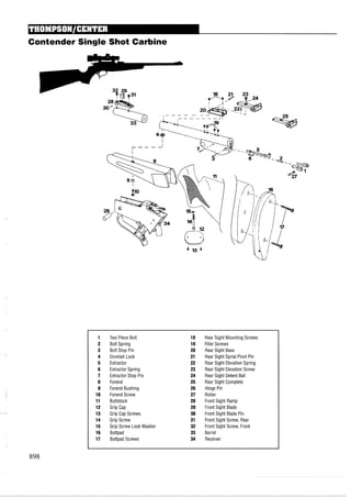 Contender Single Shot Carbine
Two Piece Bolt
Bolt Spring
Bolt Stop Pin
Dovetail Lock
Extractor
Extractor Spring
Extractor Stop Pin
Forend
Forend Bushing
Forend Screw
Buttstock
Grip Cap
Grip Cap Screws
Grip Screw
Grip Screw Lock Washer
Buttpad
Buttpad Screws
Rear Sight Mounting Screws
Filler Screws
Rear Sight Base
Rear Sight Sprial Pivot Pin
Rear Sight Elevation Spring
Rear Sight Elevation Screw
Rear Sight Detent Ball
Rear Sight Complete
Hinge Pin
Roller
Front Sight Ramp
Front Sight Blade
Front Sight Blade Pin
Front Sight Screw, Rear
Front Sight Screw, Front
Barrel
Receiver
 