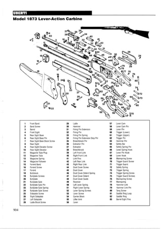 Model 1873 Lever-ActionCarbine
1 Front Band 29 Ladle 57 Lever Cam
2 Band Screw 30 Hammer 58 Lever Cam Pin
3 Barrel 31 Firing Pin Extension 59 Lever Pin
4 Front Sight 32 Firing Pin 60 Trigger (Lower)
5 Rear Sight Base 33 Firing Pin Spring 61 Trigger (Upper)
6 Rear Sight Base Pin 34 Firing Pin Extension Stop Pin 62 Trigger Pin
7 Rear Sight Base Block Screw 35 Breechblock Pin 63 Hammer Pin
8 Rear Sight 36 Extractor Pin 64 Safety Bar
9 Rear Sight Elevator Screw 37 Extractor 65 Safety Spring Pin
10 Rear Sight Elevator 38 Breechblock 66 Lever Spring Hook
11 MagazineTube Plug 39 Left Front Link 67 Lever Pin Hook
12 MagazineTube 40 Right Front Link 68 Lever Hook
13 Magazine Spring 41 Link Pins 69 Mainspring Screw
14 Magazine Follower 42 Left Rear Link 70 Trigger Guard Screw
15 Forend Band 43 Right Rear Link 71 Trigger Guard
16 Forend Screw 44 Dust Cover Screw 72 Safety Spring
17 Forend 45 Dust Cover 73 Trigger Spring
18 Buttstock 46 Dust Cover Detent Spring 74 Trigger Spring Screw
19 Buttplate Screws 47 Dust Cover Detent 75 Trigger Guard Screws
20 Buttplate 48 Dust Cover Guide 76 Mainspring Screw
21 Buttplate Gate 49 Receiver 77 Mainspring
22 Buttplate Gate Pin 50 Left Lever Spring 78 Hammer Link
23 Buttplate Gate Spring 51 Right Lever Spring 79 Hammer Link Pin
24 Buttplate Gate Screw 52 Lever Spring Screws 80 Tang Screw
25 Sideplate Screw 53 Lever Screw 81 Saddle Ring Loop
26 Right Sideplate 54 Carrier Block 82 Saddle Ring
27 Left Sideplate 55 Lifter Arm 83 Barrel Sight Pins
28 Ladle Block Screw 56 Lever
 