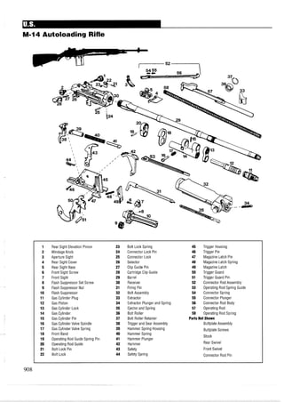 M-14 Autoloading Rifle
1 Rear Sight Elevation Pinion 23 Bolt Lock Spring 45 Trigger Housing
2 Windage Knob 24 Connector Lock Pin 46 Trigger Pin
3 Aperture Sight 25 Connector Lock 47 Magazine Latch Pin
4 Rear Sight Cover 26 Selector 48 Magazine Latch Spring
5 Rear Sight Base 27 Clip Guide Pin 49 Magazine Latch
6 Front Sight Screw 28 Cartridge Clip Guide 50 Trigger Guard
7 Front Sight 29 Barrel 51 Trigger Guard Pin
8 Flash Suppressor Set Screw 30 Receiver 52 Connector Rod Assembly
9 Flash Suppressor Nut 31 Firing Pin 53 Operating Rod Spring Guide
10 Flash Suppressor 32 Bolt Assembly 54 Connector Spring
11 Gas Cylinder Plug 33 Extractor 55 Connector Plunger
12 Gas Piston 34 Extractor Plunger and Spring 56 Connector Rod Body
13 Gas Cylinder Lock 35 Ejector and Spring 57 Operating Rod
14 Gas Cylinder 36 Bolt Roller 58 Operating Rod Spring
15 Gas Cylinder Pin 37 Bolt Roller Retainer Parts Not Shown
16 Gas Cylinder Valve Spindle 38 Trigger and Sear Assembly Buttplate Assembly
17 Gas Cylinder Valve Spring 39 Hammer Spring Housing Buttplate Screws
18 Front Band 40 Hammer Spring
19 Operating Rod Guide Spring Pin 41 Hammer Plunger
Stock
20 Operating Rod Guide 42 Hammer Rear Swivel
21 Bolt Lock Pin 43 Safety Front Swivel
22 Bolt Lock 44 Safety Spring Connector Rod Pin
 