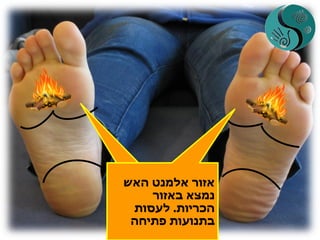 ‫הריאות‬ ‫של‬ ‫התגובה‬ ‫אזור‬
‫באזור‬ ‫לאצבעות‬ ‫מתחת‬ ‫נמצא‬
‫הכריות‬.‫הכרית‬ ‫על‬ ‫לחוץ‬ ‫לא‬
‫ממוקד‬ ‫באופן‬ ‫לבוהן‬ ‫שמתחת‬
–‫הלב‬ ‫של‬ ‫התגובה‬ ‫אזור‬ ‫זהו‬
‫האש‬ ‫אלמנט‬ ‫אזור‬
‫באזור‬ ‫נמצא‬
‫הכריות‬.‫לעסות‬
‫פתיחה‬ ‫בתנועות‬
 