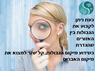 ‫הגבולות‬ ‫מיקום‬ ‫כשידוע‬,‫את‬ ‫למצוא‬ ‫יותר‬ ‫קל‬
‫מיקום‬‫האברים‬
‫ניתן‬ ‫כעת‬
‫את‬ ‫לקבוע‬
‫בין‬ ‫הגבולות‬
‫האזורים‬
‫שהגדרת‬
 