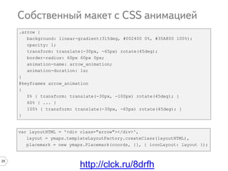 25
.arrow {
background: linear-gradient(315deg, #002400 0%, #35A800 100%);
opacity: 1;
transform: translate(-30px, -65px) rotate(45deg);
border-radius: 60px 60px 0px;
animation-name: arrow_animation;
animation-duration: 1s;
}
@keyframes arrow_animation
{
0% { transform: translate(-30px, -100px) rotate(45deg); }
60% { ... }
100% { transform: translate(-30px, -65px) rotate(45deg); }
}
http://clck.ru/8drfh
var layoutHTML = '<div class="arrow"></div>',
layout = ymaps.templateLayoutFactory.createClass(layoutHTML),
placemark = new ymaps.Placemark(coords, {}, { iconLayout: layout });
 