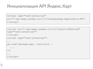 36
<script src="//api-maps.yandex.ru/2.0/?lang=ru-RU&ns=ym"
type="text/javascript">
</script>
<script type="text/javascript">
...
ym.load('package.map', function() {
...
});
...
</script>
<script type="text/javascript"
src="//api-maps.yandex.ru/2.0/?load=package.map&lang=ru-RU">
</script>
 