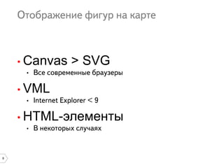 9
• Canvas > SVG
•
• VML
•
• HTML-элементы
•
 