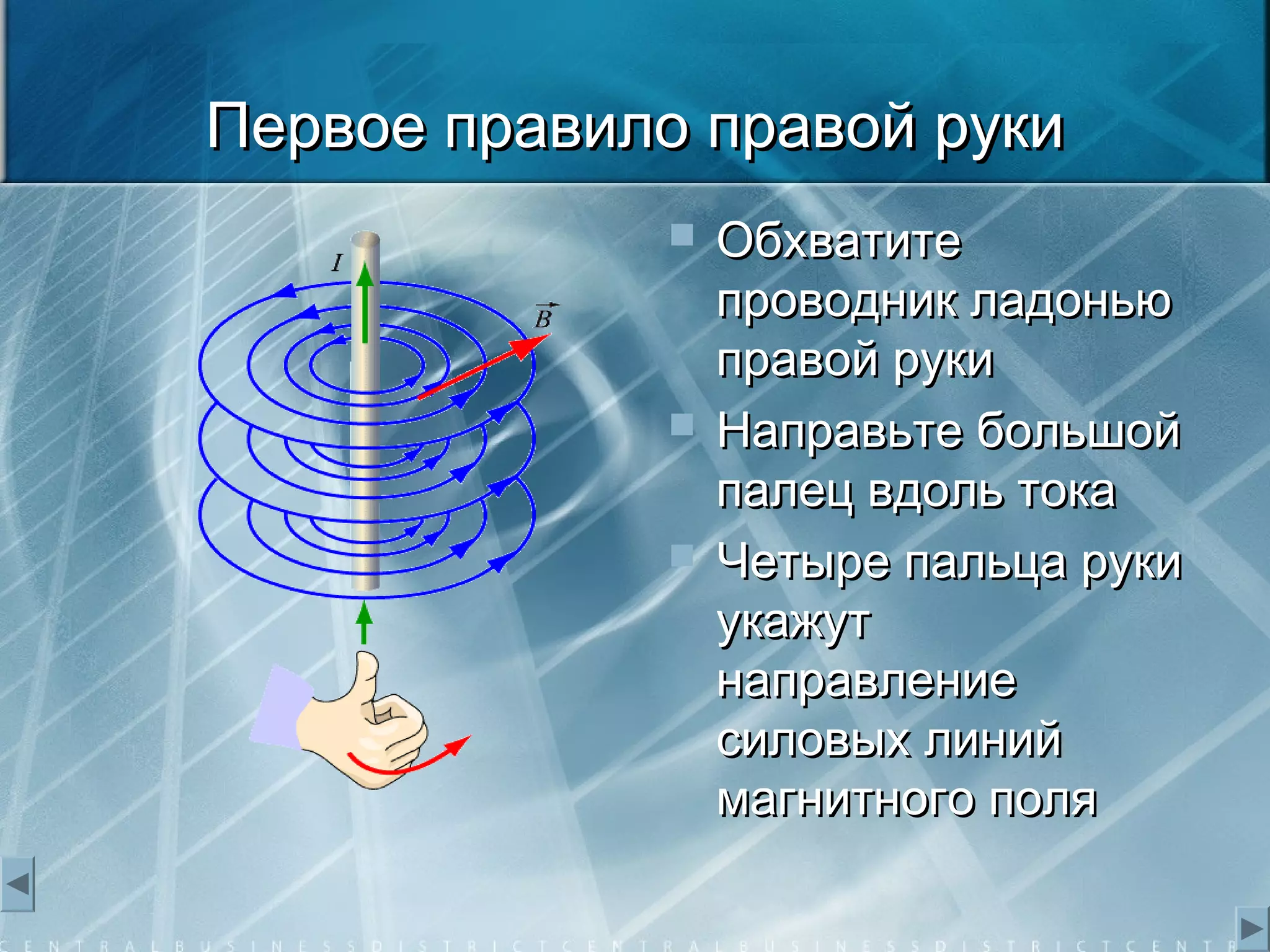 Первое правило правой рукиПервое правило правой руки
 ОбхватитеОбхватите
проводник ладоньюпроводник ладонью
правой рукиправой руки
 Направьте большойНаправьте большой
палец вдоль токапалец вдоль тока
 Четыре пальца рукиЧетыре пальца руки
укажутукажут
направлениенаправление
силовых линийсиловых линий
магнитного полямагнитного поля
 