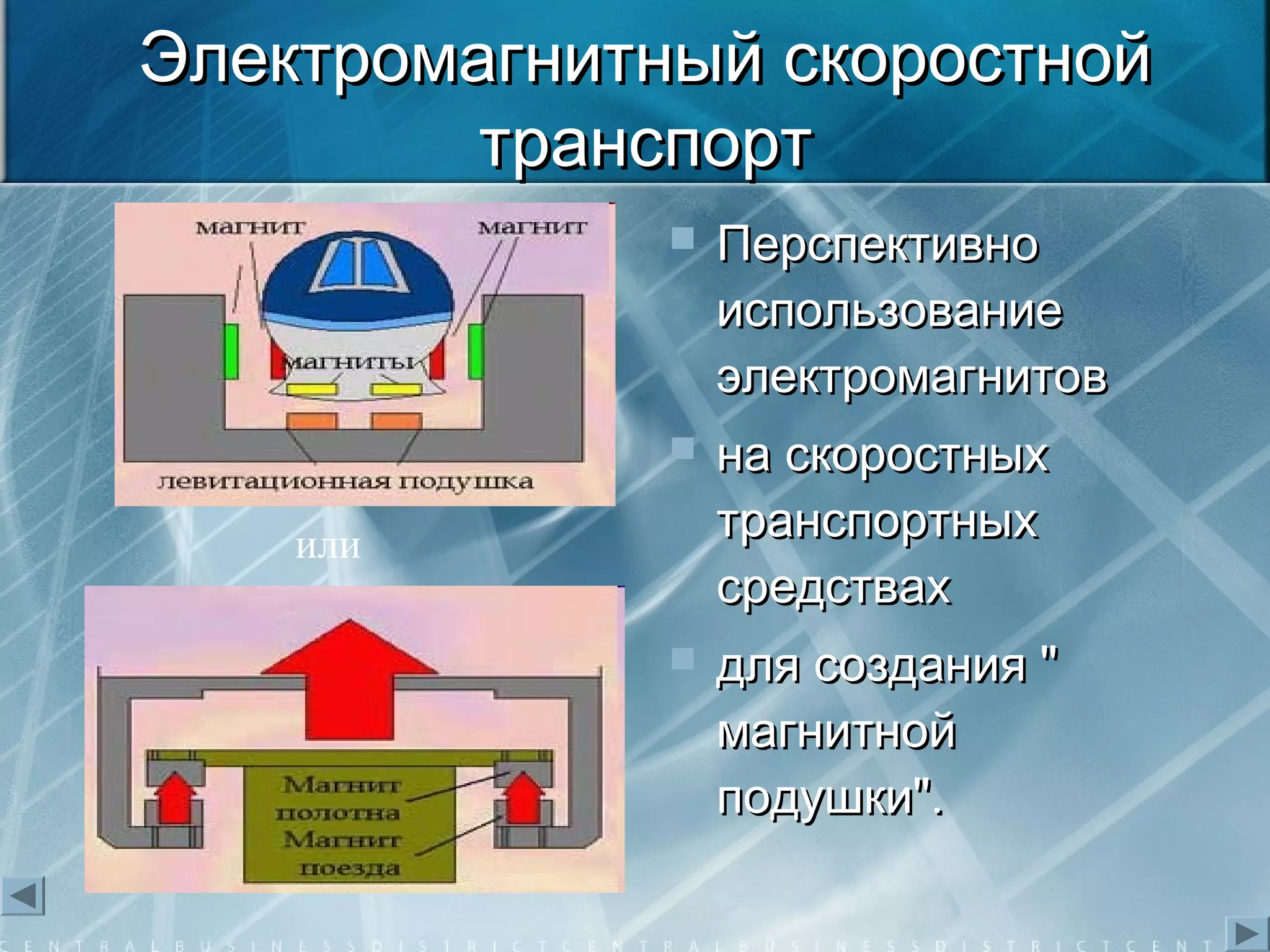 Электромагнитный скоростнойЭлектромагнитный скоростной
транспорттранспорт
 ПерспективноПерспективно
использованиеиспользование
электромагнитовэлектромагнитов
 на скоростныхна скоростных
транспортныхтранспортных
средствахсредствах
 для создания "для создания "
магнитноймагнитной
подушки".подушки".
или
 