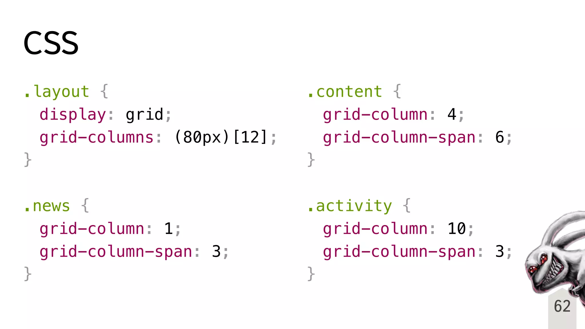 CSS
.layout {
! display: grid;
! grid-columns: (80px)[12];
}
.news {
! grid-column: 1;
! grid-column-span: 3;
}
.content {
! grid-column: 4;
! grid-column-span: 6;
}
.activity {
! grid-column: 10;
! grid-column-span: 3;
}
62
 