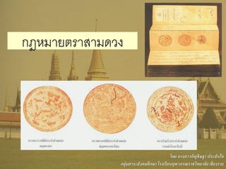 กฎหมายตราสามดวง
โดย นางสาวอัญชิษฐา ประสันใจ
กลุ่มสาระสังคมศึกษา โรงเรียนจุฬาภรณราชวิทยาลัย เชียงราย
 