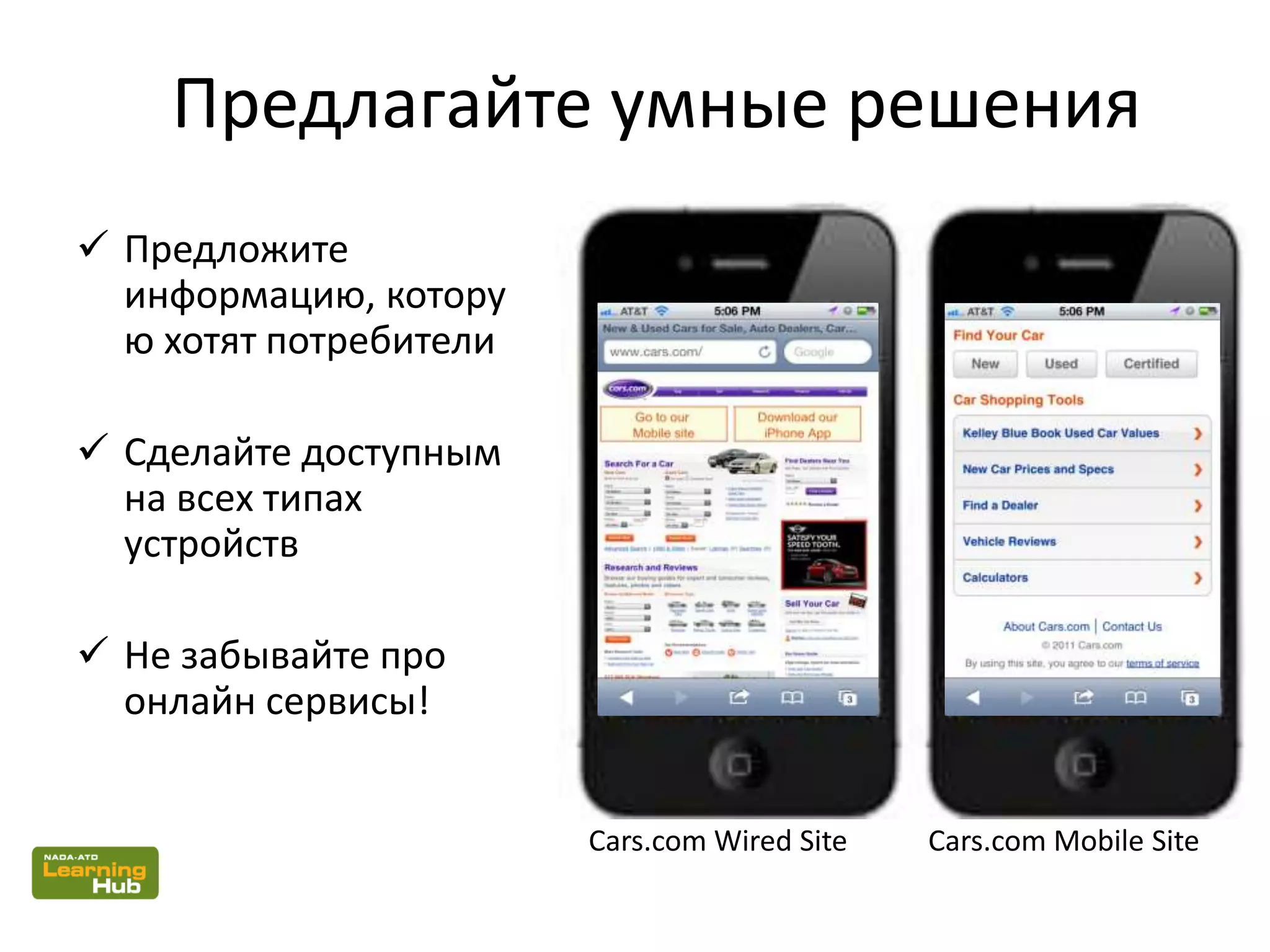 Предлагайте умные решения
 Предложите
информацию, котору
ю хотят потребители
 Сделайте доступным
на всех типах
устройств
 Не забывайте про
онлайн сервисы!
Cars.com Wired Site Cars.com Mobile Site
 