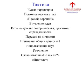 Тактика
Чужая территория
Психологическая атака
«Плохой-хороший»
Внушение идеи
Игра на чувстве соперничества, престижа,
справедливости
Переход на личности
Признание общих ценностей
Использование пауз
Уточнение
Слова-завязки «Не так ли?»
«Пистолет»
 
