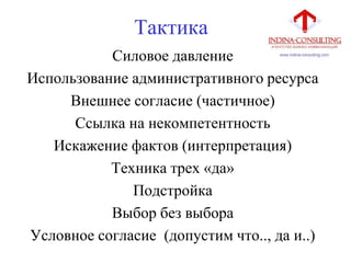 Тактика
Силовое давление
Использование административного ресурса
Внешнее согласие (частичное)
Ссылка на некомпетентность
Искажение фактов (интерпретация)
Техника трех «да»
Подстройка
Выбор без выбора
Условное согласие (допустим что.., да и..)
 