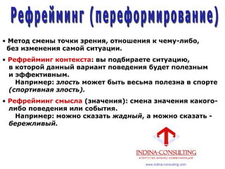 • Метод смены точки зрения, отношения к чему-либо,
без изменения самой ситуации.
• Рефрейминг контекста: вы подбираете ситуацию,
в которой данный вариант поведения будет полезным
и эффективным.
Например: злость может быть весьма полезна в спорте
(спортивная злость).
• Рефрейминг смысла (значения): смена значения какого-
либо поведения или события.
Например: можно сказать жадный, а можно сказать -
бережливый.
 