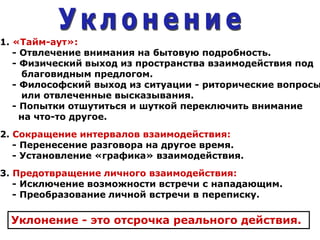 1. «Тайм-аут»:
- Отвлечение внимания на бытовую подробность.
- Физический выход из пространства взаимодействия под
благовидным предлогом.
- Философский выход из ситуации - риторические вопросы
или отвлеченные высказывания.
- Попытки отшутиться и шуткой переключить внимание
на что-то другое.
2. Сокращение интервалов взаимодействия:
- Перенесение разговора на другое время.
- Установление «графика» взаимодействия.
3. Предотвращение личного взаимодействия:
- Исключение возможности встречи с нападающим.
- Преобразование личной встречи в переписку.
Уклонение - это отсрочка реального действия.
 