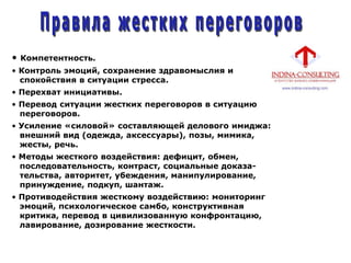 • Компетентность.
• Контроль эмоций, сохранение здравомыслия и
спокойствия в ситуации стресса.
• Перехват инициативы.
• Перевод ситуации жестких переговоров в ситуацию
переговоров.
• Усиление «силовой» составляющей делового имиджа:
внешний вид (одежда, аксессуары), позы, мимика,
жесты, речь.
• Методы жесткого воздействия: дефицит, обмен,
последовательность, контраст, социальные доказа-
тельства, авторитет, убеждения, манипулирование,
принуждение, подкуп, шантаж.
• Противодействия жесткому воздействию: мониторинг
эмоций, психологическое самбо, конструктивная
критика, перевод в цивилизованную конфронтацию,
лавирование, дозирование жесткости.
 