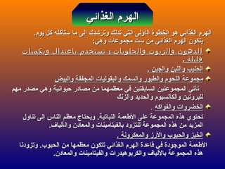‫ال‬ ‫الخطوة‬ ‫هو‬ ‫الغذائي‬ ‫الهرم‬‫ال‬ ‫الخطوة‬ ‫هو‬ ‫الغذائي‬ ‫الهرم‬‫أ‬‫أ‬‫وترشدك‬ ‫تدلك‬ ‫التي‬ ‫ولى‬‫وترشدك‬ ‫تدلك‬ ‫التي‬ ‫ولى‬‫إ‬‫إ‬.‫يوم‬ ‫كل‬ ‫ستأكله‬ ‫ما‬ ‫لى‬.‫يوم‬ ‫كل‬ ‫ستأكله‬ ‫ما‬ ‫لى‬
‫وهي‬ ‫مجموعات‬ ‫ست‬ ‫من‬ ‫الغذائي‬ ‫الهرم‬ ‫يتكون‬‫وهي‬ ‫مجموعات‬ ‫ست‬ ‫من‬ ‫الغذائي‬ ‫الهرم‬ ‫يتكون‬::
:‫وبكميات‬ ‫باعتدال‬ ‫تستخدم‬ ‫والحلويات‬ ‫والزيوت‬ ‫الدهون‬:‫وبكميات‬ ‫باعتدال‬ ‫تستخدم‬ ‫والحلويات‬ ‫والزيوت‬ ‫الدهون‬
. ‫قليلة‬. ‫قليلة‬
‫والجبن‬ ‫واللبن‬ ‫الحليب‬‫والجبن‬ ‫واللبن‬ ‫الحليب‬..
‫والبيض‬ ‫المجففة‬ ‫والبقوليات‬ ‫والسمك‬ ‫والطيور‬ ‫اللحوم‬ ‫مجموعة‬‫والبيض‬ ‫المجففة‬ ‫والبقوليات‬ ‫والسمك‬ ‫والطيور‬ ‫اللحوم‬ ‫مجموعة‬
‫ت‬‫ت‬‫أ‬‫أ‬‫مهم‬ ‫مصدر‬ ‫وهي‬ ‫حيوانية‬ ‫مصادر‬ ‫من‬ ‫معظمهما‬ ‫في‬ ‫السابقتين‬ ‫المجموعتين‬ ‫تي‬‫مهم‬ ‫مصدر‬ ‫وهي‬ ‫حيوانية‬ ‫مصادر‬ ‫من‬ ‫معظمهما‬ ‫في‬ ‫السابقتين‬ ‫المجموعتين‬ ‫تي‬
‫والزنك‬ ‫والحديد‬ ‫والكالسيوم‬ ‫للبروتين‬‫والزنك‬ ‫والحديد‬ ‫والكالسيوم‬ ‫للبروتين‬
‫الخضروات‬‫الخضروات‬‫و‬‫و‬‫الفواكه‬‫الفواكه‬..
‫النباتية‬ ‫العطعمة‬ ‫على‬ ‫المجموعة‬ ‫هذه‬ ‫تحتوي‬‫النباتية‬ ‫العطعمة‬ ‫على‬ ‫المجموعة‬ ‫هذه‬ ‫تحتوي‬..‫الناس‬ ‫معظم‬ ‫ويحتاج‬‫الناس‬ ‫معظم‬ ‫ويحتاج‬‫إ‬‫إ‬‫تناول‬ ‫لى‬‫تناول‬ ‫لى‬
‫وال‬ ‫والمعادن‬ ‫بالفيتامينات‬ ‫للتزود‬ ‫المجموعة‬ ‫هذه‬ ‫من‬ ‫المزيد‬‫وال‬ ‫والمعادن‬ ‫بالفيتامينات‬ ‫للتزود‬ ‫المجموعة‬ ‫هذه‬ ‫من‬ ‫المزيد‬‫أ‬‫أ‬‫لياف‬‫لياف‬..
‫والمعكرونة‬ ‫والرز‬ ‫والحبوب‬ ‫الخبز‬‫والمعكرونة‬ ‫والرز‬ ‫والحبوب‬ ‫الخبز‬..
‫وتزودنا‬ .‫الحبوب‬ ‫من‬ ‫معظمها‬ ‫تتكون‬ ‫الغذائي‬ ‫الهرم‬ ‫قاعدة‬ ‫في‬ ‫الموجودة‬ ‫العطعمة‬‫وتزودنا‬ .‫الحبوب‬ ‫من‬ ‫معظمها‬ ‫تتكون‬ ‫الغذائي‬ ‫الهرم‬ ‫قاعدة‬ ‫في‬ ‫الموجودة‬ ‫العطعمة‬
‫والمعادن‬ ‫والفيتامينات‬ ‫والكربوهيدرات‬ ‫باللياف‬ ‫المجموعة‬ ‫هذه‬‫والمعادن‬ ‫والفيتامينات‬ ‫والكربوهيدرات‬ ‫باللياف‬ ‫المجموعة‬ ‫هذه‬..
‫الغذائي‬ ‫الهرم‬‫الغذائي‬ ‫الهرم‬
 