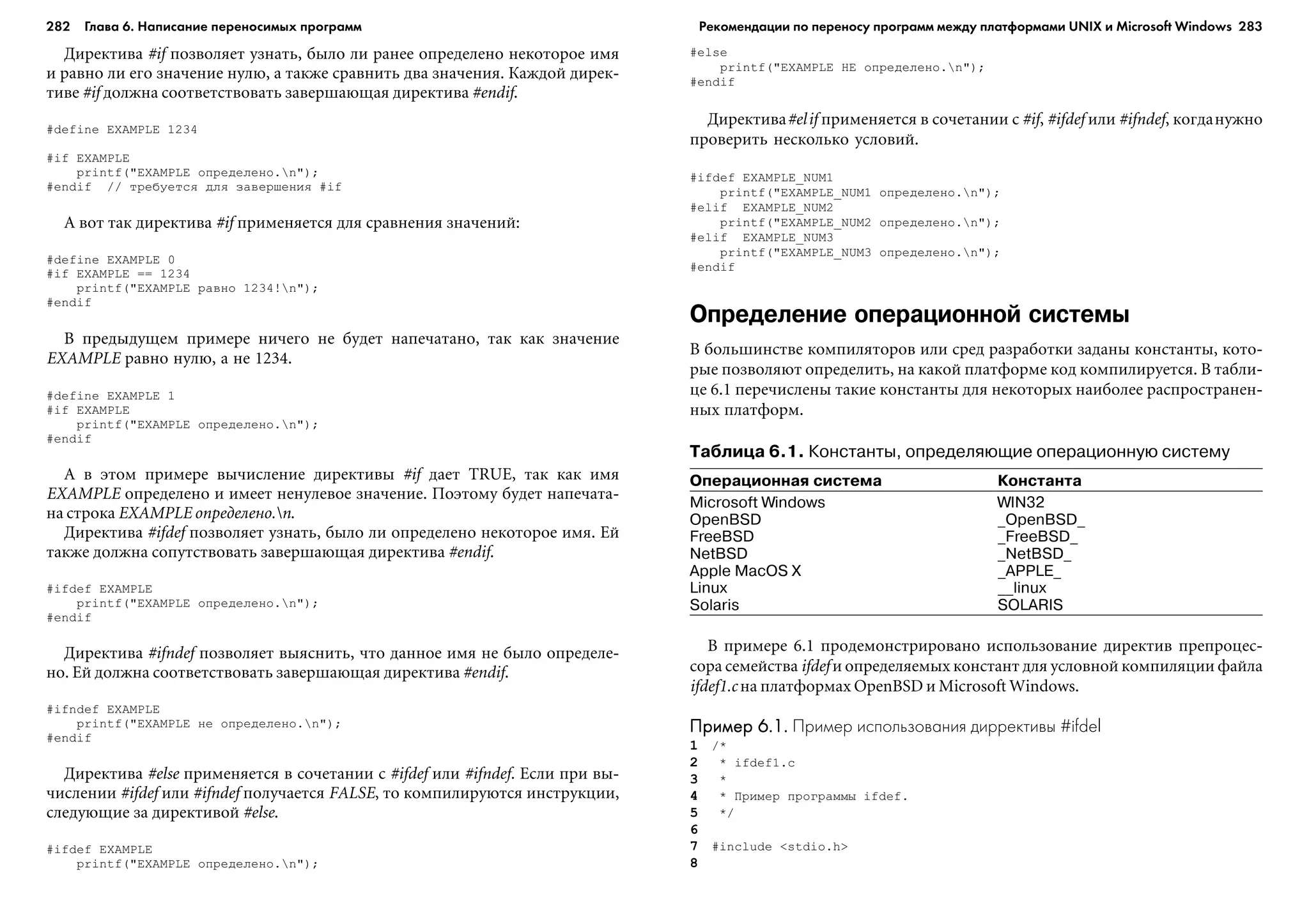 282 Глава 6. Написание переносимых программ 283
Äèðåêòèâà #if ïîçâîëÿåò óçíàòü, áûëî ëè ðàíåå îïðåäåëåíî íåêîòîðîå èìÿ
è ðàâíî ëè åãî çíà÷åíèå íóëþ, à òàêæå ñðàâíèòü äâà çíà÷åíèÿ. Êàæäîé äèðåê-
òèâå #if äîëæíà ñîîòâåòñòâîâàòü çàâåðøàþùàÿ äèðåêòèâà #endif.
#define EXAMPLE 1234
#if EXAMPLE
printf("EXAMPLE îïðåäåëåíî.n");
#endif // òðåáóåòñÿ äëÿ çàâåðøåíèÿ #if
À âîò òàê äèðåêòèâà #if ïðèìåíÿåòñÿ äëÿ ñðàâíåíèÿ çíà÷åíèé:
#define EXAMPLE 0
#if EXAMPLE == 1234
printf("EXAMPLE ðàâíî 1234!n");
#endif
Â ïðåäûäóùåì ïðèìåðå íè÷åãî íå áóäåò íàïå÷àòàíî, òàê êàê çíà÷åíèå
EXAMPLE ðàâíî íóëþ, à íå 1234.
#define EXAMPLE 1
#if EXAMPLE
printf("EXAMPLE îïðåäåëåíî.n");
#endif
À â ýòîì ïðèìåðå âû÷èñëåíèå äèðåêòèâû #if äàåò TRUE, òàê êàê èìÿ
EXAMPLE îïðåäåëåíî è èìååò íåíóëåâîå çíà÷åíèå. Ïîýòîìó áóäåò íàïå÷àòà-
íà ñòðîêà EXAMPLE îïðåäåëåíî.n.
Äèðåêòèâà #ifdef ïîçâîëÿåò óçíàòü, áûëî ëè îïðåäåëåíî íåêîòîðîå èìÿ. Åé
òàêæå äîëæíà ñîïóòñòâîâàòü çàâåðøàþùàÿ äèðåêòèâà #endif.
#ifdef EXAMPLE
printf("EXAMPLE îïðåäåëåíî.n");
#endif
Äèðåêòèâà #ifndef ïîçâîëÿåò âûÿñíèòü, ÷òî äàííîå èìÿ íå áûëî îïðåäåëå-
íî. Åé äîëæíà ñîîòâåòñòâîâàòü çàâåðøàþùàÿ äèðåêòèâà #endif.
#ifndef EXAMPLE
printf("EXAMPLE íå îïðåäåëåíî.n");
#endif
Äèðåêòèâà #else ïðèìåíÿåòñÿ â ñî÷åòàíèè ñ #ifdef èëè #ifndef. Åñëè ïðè âû-
÷èñëåíèè #ifdef èëè #ifndef ïîëó÷àåòñÿ FALSE, òî êîìïèëèðóþòñÿ èíñòðóêöèè,
ñëåäóþùèå çà äèðåêòèâîé #else.
#ifdef EXAMPLE
printf("EXAMPLE îïðåäåëåíî.n");
#else
printf("EXAMPLE ÍÅ îïðåäåëåíî.n");
#endif
Äèðåêòèâà#elif ïðèìåíÿåòñÿ â ñî÷åòàíèè ñ #if, #ifdef èëè #ifndef, êîãäàíóæíî
ïðîâåðèòü íåñêîëüêî óñëîâèé.
#ifdef EXAMPLE_NUM1
printf("EXAMPLE_NUM1 îïðåäåëåíî.n");
#elif EXAMPLE_NUM2
printf("EXAMPLE_NUM2 îïðåäåëåíî.n");
#elif EXAMPLE_NUM3
printf("EXAMPLE_NUM3 îïðåäåëåíî.n");
#endif
Определение операционной системы
Â áîëüøèíñòâå êîìïèëÿòîðîâ èëè ñðåä ðàçðàáîòêè çàäàíû êîíñòàíòû, êîòî-
ðûå ïîçâîëÿþò îïðåäåëèòü, íà êàêîé ïëàòôîðìå êîä êîìïèëèðóåòñÿ. Â òàáëè-
öå 6.1 ïåðå÷èñëåíû òàêèå êîíñòàíòû äëÿ íåêîòîðûõ íàèáîëåå ðàñïðîñòðàíåí-
íûõ ïëàòôîðì.
Таблица 6.1. Константы, определяющие операционную систему
Операционная система Константа
Microsoft Windows WIN32
OpenBSD _OpenBSD_
FreeBSD _FreeBSD_
NetBSD _NetBSD_
Apple MacOS X _APPLE_
Linux __linux
Solaris SOLARIS
Â ïðèìåðå 6.1 ïðîäåìîíñòðèðîâàíî èñïîëüçîâàíèå äèðåêòèâ ïðåïðîöåñ-
ñîðà ñåìåéñòâà ifdef è îïðåäåëÿåìûõ êîíñòàíò äëÿ óñëîâíîé êîìïèëÿöèè ôàéëà
ifdef1.c íà ïëàòôîðìàõ OpenBSD è Microsoft Windows.
Пример 6.1.Пример 6.1.Пример 6.1.Пример 6.1.Пример 6.1. Пример использования диррективы #ifdel
1 /*
2 * ifdef1.c
3 *
4 * Ïðèìåð ïðîãðàììû ifdef.
5 */
6
7 #include <stdio.h>
8
Рекомендации по переносу программ между платформами UNIX и Microsoft Windows
 