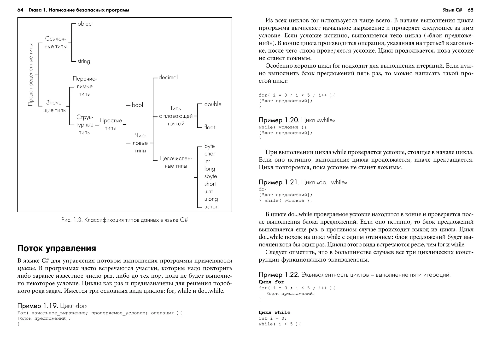 64 Глава 1. Написание безопасных программ 65
Èç âñåõ öèêëîâ for èñïîëüçóåòñÿ ÷àùå âñåãî. Â íà÷àëå âûïîëíåíèÿ öèêëà
ïðîãðàììà âû÷èñëÿåò íà÷àëüíîå âûðàæåíèå è ïðîâåðÿåò ñëåäóþùåå çà íèì
óñëîâèå. Åñëè óñëîâèå èñòèííî, âûïîëíÿåòñÿ òåëî öèêëà («áëîê ïðåäëîæå-
íèé»). Â êîíöå öèêëà ïðîèçâîäèòñÿ îïåðàöèÿ, óêàçàííàÿ íà òðåòüåé â çàãîëîâ-
êå, ïîñëå ÷åãî ñíîâà ïðîâåðÿåòñÿ óñëîâèå. Öèêë ïðîäîëæàåòñÿ, ïîêà óñëîâèå
íå ñòàíåò ëîæíûì.
Îñîáåííî õîðîøî öèêë for ïîäõîäèò äëÿ âûïîëíåíèÿ èòåðàöèé. Åñëè íóæ-
íî âûïîëíèòü áëîê ïðåäëîæåíèé ïÿòü ðàç, òî ìîæíî íàïèñàòü òàêîé ïðî-
ñòîé öèêë:
for( i = 0 ; i < 5 ; i++ ){
[áëîê ïðåäëîæåíèé];
}
Пример 1.20.Пример 1.20.Пример 1.20.Пример 1.20.Пример 1.20. Цикл «while»
while( óñëîâèå ){
[áëîê ïðåäëîæåíèé];
}
Ïðè âûïîëíåíèè öèêëà while ïðîâåðÿåòñÿ óñëîâèå, ñòîÿùåå â íà÷àëå öèêëà.
Åñëè îíî èñòèííî, âûïîëíåíèå öèêëà ïðîäîëæàåòñÿ, èíà÷å ïðåêðàùàåòñÿ.
Öèêë ïîâòîðÿåòñÿ, ïîêà óñëîâèå íå ñòàíåò ëîæíûì.
Пример 1.21.Пример 1.21.Пример 1.21.Пример 1.21.Пример 1.21. Цикл «do...while»
do{
[áëîê ïðåäëîæåíèé];
} while( óñëîâèå );
Â öèêëå do...while ïðîâåðÿåìîå óñëîâèå íàõîäèòñÿ â êîíöå è ïðîâåðÿåòñÿ ïîñ-
ëå âûïîëíåíèÿ áëîêà ïðåäëîæåíèé. Åñëè îíî èñòèííî, òî áëîê ïðåäëîæåíèé
âûïîëíÿåòñÿ åùå ðàç, â ïðîòèâíîì ñëó÷àå ïðîèñõîäèò âûõîä èç öèêëà. Öèêë
do...while ïîõîæ íà öèêë while ñ îäíèì îòëè÷èåì: áëîê ïðåäëîæåíèé áóäåò âû-
ïîëíåí õîòÿ áû îäèí ðàç. Öèêëû ýòîãî âèäà âñòðå÷àþòñÿ ðåæå, ÷åì for è while.
Ñëåäóåò îòìåòèòü, ÷òî â áîëüøèíñòâå ñëó÷àåâ âñå òðè öèêëè÷åñêèõ êîíñò-
ðóêöèè ôóíêöèîíàëüíî ýêâèâàëåíòíû.
Пример 1.22.Пример 1.22.Пример 1.22.Пример 1.22.Пример 1.22. Эквивалентность циклов – выполнение пяти итераций.
Öèêë for
for( i = 0 ; i < 5 ; i++ ){
áëîê_ïðåäëîæåíèé;
}
Öèêë while
int i = 0;
while( i < 5 ){
Рис. 1.3. Классификация типов данных в языке C#
Предопределенныетипы
Ссылоч
ные типы
Знача
щие типы
object
string
Перечис
лимые
типы
Струк
турные
типы
bool
Чис
ловые
типы
Простые
типы
byte
char
int
long
sbyte
short
uint
ulong
ushort
double
float
Типы
с плавающей
точкой
Целочислен
ные типы
decimal
Поток управления
Â ÿçûêå C# äëÿ óïðàâëåíèÿ ïîòîêîì âûïîëíåíèÿ ïðîãðàììû ïðèìåíÿþòñÿ
öèêëû. Â ïðîãðàììàõ ÷àñòî âñòðå÷àþòñÿ ó÷àñòêè, êîòîðûå íàäî ïîâòîðèòü
ëèáî çàðàíåå èçâåñòíîå ÷èñëî ðàç, ëèáî äî òåõ ïîð, ïîêà íå áóäåò âûïîëíå-
íî íåêîòîðîå óñëîâèå. Öèêëû êàê ðàç è ïðåäíàçíà÷åíû äëÿ ðåøåíèÿ ïîäîá-
íîãî ðîäà çàäà÷. Èìååòñÿ òðè îñíîâíûõ âèäà öèêëîâ: for, while è do...while.
Пример 1.19.Пример 1.19.Пример 1.19.Пример 1.19.Пример 1.19. Цикл «for»
For( íà÷àëüíîå_âûðàæåíèå; ïðîâåðÿåìîå_óñëîâèå; îïåðàöèÿ ){
[áëîê ïðåäëîæåíèé];
}
Язык C#
 