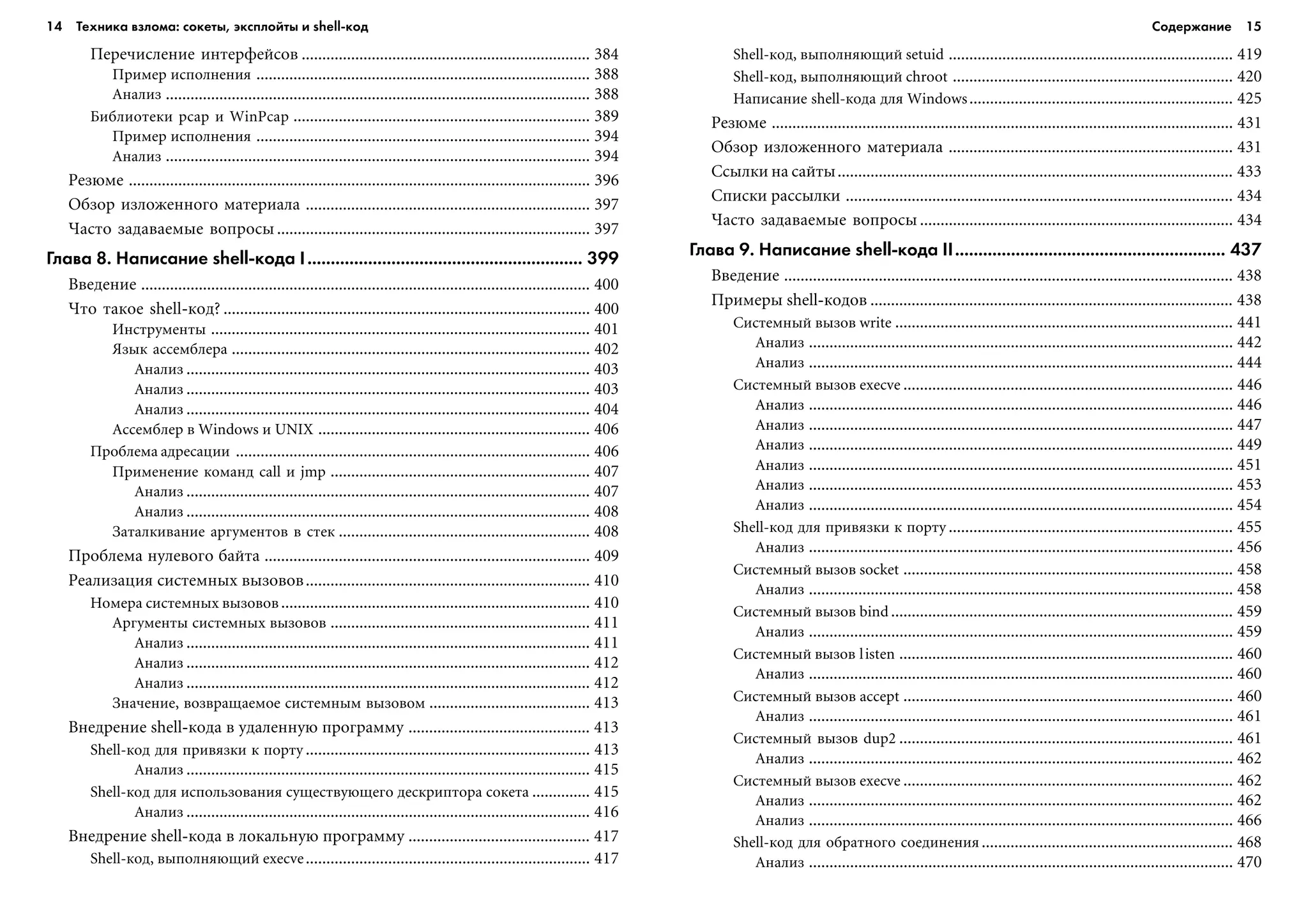 14 Техника взлома: сокеты, эксплойты и shell код Содержание 15
Ïåðå÷èñëåíèå èíòåðôåéñîâ ...................................................................... 384
Ïðèìåð èñïîëíåíèÿ ................................................................................. 388
Àíàëèç ....................................................................................................... 388
Áèáëèîòåêè pcap è WinPcap ........................................................................ 389
Ïðèìåð èñïîëíåíèÿ ................................................................................. 394
Àíàëèç ....................................................................................................... 394
Ðåçþìå ................................................................................................................ 396
Îáçîð èçëîæåííîãî ìàòåðèàëà ..................................................................... 397
×àñòî çàäàâàåìûå âîïðîñû ............................................................................ 397
Глава 8. Написание shell кода I........................................................... 399
Ââåäåíèå ............................................................................................................. 400
×òî òàêîå shell-êîä? ......................................................................................... 400
Èíñòðóìåíòû ............................................................................................ 401
ßçûê àññåìáëåðà ....................................................................................... 402
Àíàëèç .................................................................................................. 403
Àíàëèç .................................................................................................. 403
Àíàëèç .................................................................................................. 404
Àññåìáëåð â Windows è UNIX .................................................................. 406
Ïðîáëåìà àäðåñàöèè ...................................................................................... 406
Ïðèìåíåíèå êîìàíä call è jmp ............................................................... 407
Àíàëèç .................................................................................................. 407
Àíàëèç .................................................................................................. 408
Çàòàëêèâàíèå àðãóìåíòîâ â ñòåê ............................................................. 408
Ïðîáëåìà íóëåâîãî áàéòà ............................................................................... 409
Ðåàëèçàöèÿ ñèñòåìíûõ âûçîâîâ..................................................................... 410
Íîìåðà ñèñòåìíûõ âûçîâîâ........................................................................... 410
Àðãóìåíòû ñèñòåìíûõ âûçîâîâ ............................................................... 411
Àíàëèç .................................................................................................. 411
Àíàëèç .................................................................................................. 412
Àíàëèç .................................................................................................. 412
Çíà÷åíèå, âîçâðàùàåìîå ñèñòåìíûì âûçîâîì ....................................... 413
Âíåäðåíèå shell-êîäà â óäàëåííóþ ïðîãðàììó ............................................ 413
Shell-êîä äëÿ ïðèâÿçêè ê ïîðòó ..................................................................... 413
Àíàëèç .................................................................................................. 415
Shell-êîä äëÿ èñïîëüçîâàíèÿ ñóùåñòâóþùåãî äåñêðèïòîðà ñîêåòà .............. 415
Àíàëèç .................................................................................................. 416
Âíåäðåíèå shell-êîäà â ëîêàëüíóþ ïðîãðàììó ............................................ 417
Shell-êîä, âûïîëíÿþùèé execve..................................................................... 417
Shell-êîä, âûïîëíÿþùèé setuid ..................................................................... 419
Shell-êîä, âûïîëíÿþùèé chroot .................................................................... 420
Íàïèñàíèå shell-êîäà äëÿ Windows................................................................ 425
Ðåçþìå ................................................................................................................ 431
Îáçîð èçëîæåííîãî ìàòåðèàëà ..................................................................... 431
Ññûëêè íà ñàéòû................................................................................................ 433
Ñïèñêè ðàññûëêè .............................................................................................. 434
×àñòî çàäàâàåìûå âîïðîñû ............................................................................ 434
Глава 9. Написание shell кода II.......................................................... 437
Ââåäåíèå ............................................................................................................. 438
Ïðèìåðû shell-êîäîâ ........................................................................................ 438
Ñèñòåìíûé âûçîâ write .................................................................................. 441
Àíàëèç ....................................................................................................... 442
Àíàëèç ....................................................................................................... 444
Ñèñòåìíûé âûçîâ execve ................................................................................ 446
Àíàëèç ....................................................................................................... 446
Àíàëèç ....................................................................................................... 447
Àíàëèç ....................................................................................................... 449
Àíàëèç ....................................................................................................... 451
Àíàëèç ....................................................................................................... 453
Àíàëèç ....................................................................................................... 454
Shell-êîä äëÿ ïðèâÿçêè ê ïîðòó ..................................................................... 455
Àíàëèç ....................................................................................................... 456
Ñèñòåìíûé âûçîâ socket ................................................................................ 458
Àíàëèç ....................................................................................................... 458
Ñèñòåìíûé âûçîâ bind ................................................................................... 459
Àíàëèç ....................................................................................................... 459
Ñèñòåìíûé âûçîâ listen ................................................................................. 460
Àíàëèç ....................................................................................................... 460
Ñèñòåìíûé âûçîâ accept ................................................................................ 460
Àíàëèç ....................................................................................................... 461
Ñèñòåìíûé âûçîâ dup2 ................................................................................. 461
Àíàëèç ....................................................................................................... 462
Ñèñòåìíûé âûçîâ execve ................................................................................ 462
Àíàëèç ....................................................................................................... 462
Àíàëèç ....................................................................................................... 466
Shell-êîä äëÿ îáðàòíîãî ñîåäèíåíèÿ............................................................. 468
Àíàëèç ....................................................................................................... 470
 