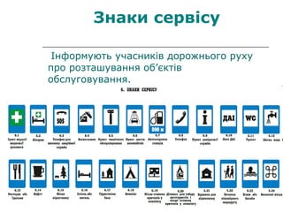 Інформують учасників дорожнього руху
про розташування об’єктів
обслуговування.
Знаки сервісу
 