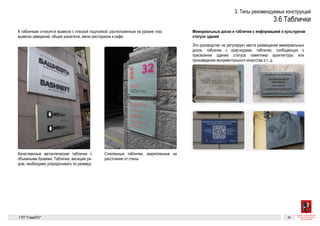 20Разрешенные к установке виды вывесок. Таблички
Это руководство не регулирует места размещения мемориальных до-
сок, табличек с куар-кодами, табличек, сообщающих о присвоении
зданию статуса памятника архитектуры или произведения мону-
ментального искусства и т. д.
Мемориальные доски и таблички
с информацией о культурном статусе
здания
й
Качественные металлические таблички с объемными буквами. Таблички, которые
висят рядом, необходимо упорядочивать по размеру
Стеклянные таблички, закрепленные на расстоянии от стены
Условное обозна-
чение на схемах
размещения
20Разрешенные к установке виды вывесок. Таблички
Это руководство не регулирует места размещения мемориальных до-
сок, табличек с куар-кодами, табличек, сообщающих о присвоении
зданию статуса памятника архитектуры или произведения мону-
ментального искусства и т. д.
Мемориальные доски и таблички
с информацией о культурном статусе
здания
ый
Качественные металлические таблички с объемными буквами. Таблички, которые
висят рядом, необходимо упорядочивать по размеру
Стеклянные таблички, закрепленные на расстоянии от стены
Условное обозна-
чение на схемах
размещения
Это руководство не регулирует места размещения мемориальных до-
сок, табличек с куар-кодами, табличек, сообщающих о присвоении
зданию статуса памятника архитектуры или произведения мону-
ментального искусства и т. д.
Мемориальные доски и таблички
с информацией о культурном статусе
здания
Качественные металлические таблички с объемными буквами. Таблички, которые
висят рядом, необходимо упорядочивать по размеру
Стеклянные таблички, закрепленные на расстоянии от стены
уместно в исторической части города
Условное обозна-
чение на схемах
размещения
ГК № 0173200022713000013
от 30.04.2013
Таблички Архитектурно-художественная концепция внешне-
го облика улиц, магистралей и территорий города
Лист 20 Листов 300
Это руководство не регулирует места размещения мемориальных до-
сок, табличек с куар-кодами, табличек, сообщающих о присвоении
зданию статуса памятника архитектуры или произведения мону-
ментального искусства и т. д.
Мемориальные доски и таблички
с информацией о культурном статусе
здания
Табличка c указателем
на плоской подложке. Подлож-
ить табличку на двух рустовых
Каменная табличка с гравировкой выглядит уместно в исторической части города
ГК № 0173200022713000013
от 30.04.2013
Заказчик: Комитет по архитектуре
и градостроительству города Москвы
Таблички Архите
го обли
Москвы
размещ
 