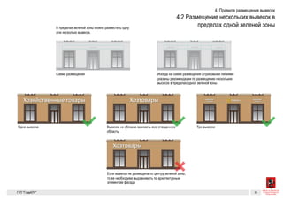 Вывеска
ВывескаВывеска Вывеска
24 часа24 часа
БанкоматБанкомат
Хозяйственные товары
Хозтовары Хозтовары
ИжБанк
Вывеска Вывеска ВывескВывеска
Аптека
Аптека
24 часа
24 часа
Кондитер
Кондитер
В пределах зеленой зоны можно разместить одну или несколько
вывесок.
Вывески оптически выравниваются по центру зеленой зоны. При раз-
мещении новой вывески на фасаде нужно принимать во внимание
расположение и размер уже существующих вывесок.
вывесок
Одна вывеска
Вывеска не обязана занимать всю отведенную область Если вывеска не размещена по центру зеленой зоны,
то ее необходимо выравнивать по архитектурным
элементам фасада
Вывески выстроены по одной линии.
Выравнивание по середине высоты букв
Невыровненные вывески создают
ощущение беспорядка
Схема размещения
Схема размещения
Иногда на схеме размещения штриховыми линиями указаны рекомендации по разме-
щению нескольких вывесок в пределах одной зеленой зоны
Вывеска
ВывескаВывеска Вывеска
Хозяйственные товары
Хозтовары Хозтовары
Вывеска Вывеска Вы
Аптека
Аптека
24
24
Размещение нескольких вывесок
в пределах одной зеленой зоны
В пределах зеленой зоны можно разместить одну или несколько
вывесок.
Вывески оптически выравниваются по центру зеленой
мещении новой вывески на фасаде нужно принимать в
расположение и размер уже существующих вывесок.
Взаимное располо
вывесок
Одна вывеска
Вывеска не обязана занимать всю отведенную область Если вывеска не размещена по центру зеленой зоны,
то ее необходимо выравнивать по архитектурным
элементам фасада
Вывески выстроены по одной линии.
Выравнивание по середине высоты букв
Невыровненные вывески создают
ощущение беспорядка
Схема размещения
Схема размещения
Иногда на схеме размещения штриховыми линиями указаны рекомендации по разме-
щению нескольких вывесок в пределах одной зеленой зоны
Вывеска
ВывескаВывеска Вывеска
24 часа24 часа
БанкоматБанкомат
Хозяйственные товары
Хозтовары Хозтовары
ИжБанк
Одна вывеска
Вывеска не обязана занимать всю отведенную область Если вывеска не размещена по центру зеленой зоны,
то ее необходимо выравнивать по архитектурным
элементам фасада
Схема размещения
Иногда на схеме размещения штриховыми линиями указаны рекомендации по разме-
щению нескольких вывесок в пределах одной зеленой зоны
Три вывески
Вывеска
ВывескаВывеска Вывеска
24 часа24 часа
БанкоматБанкомат
Хозяйственные товары
Хозтовары Хозтовары
ИжБанк
Вывеска Вывеска ВывескаВывеска
Аптека
Аптека
24 часа
24 часа
Кондитерская
Кондитерская
В пределах зеленой зоны можно разместить одну или несколько
вывесок.
Вывески оптически выравниваются по центру зеленой зоны. При раз-
мещении новой вывески на фасаде нужно принимать во внимание
расположение и размер уже существующих вывесок.
вывесок
Одна вывеска
Вывеска не обязана занимать всю отведенную область Если вывеска не размещена по центру зеленой зоны,
то ее необходимо выравнивать по архитектурным
элементам фасада
Вывески выстроены по одной линии.
Выравнивание по середине высоты букв
Невыровненные вывески создают
ощущение беспорядка
Схема размещения
Схема размещения
Иногда на схеме размещения штриховыми линиями указаны рекомендации по разме-
щению нескольких вывесок в пределах одной зеленой зоны
ВывескаВывеска Вывеска
24 часа24 часа
БанкоматБанкомат
Хозяйственные товары
Хозтовары Хозтовары
ИжБанк
Одна вывеска
Вывеска не обязана занимать всю отведенную область Если вывеска не размещена по центру зеленой зоны,
то ее необходимо выравнивать по архитектурным
элементам фасада
Вывес
Вырав
Невыр
ощущ
Схема размещения
Схема
Иногда на схеме размещения штриховыми линиями указаны рекомендации по разме-
щению нескольких вывесок в пределах одной зеленой зоны
Три вывески
ГК №
от 30
Заказ
и град
24 часа24 часа
БанкоматБанкомат
Хозяйственные товары
Хозтовары
ИжБанк
Одна вывеска
Вывеска не обязана занимать всю отведенную область Если
то ее 
элеме
Иногда на схеме размещения штриховыми линиями указаны рекомендации по разме-
щению нескольких вывесок в пределах одной зеленой зоны
Три вывески
 