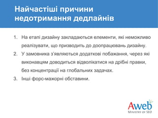 Найчастіші причини
недотримання дедлайнів
1. На етапі дизайну закладаються елементи, які неможливо
реалізувати, що призводить до доопрацювань дизайну.
2. У замовника з’являються додаткові побажання, через які
виконавцям доводиться відволікатися на дрібні правки,
без концентрації на глобальних задачах.
3. Інші форс-мажорні обставини.

 