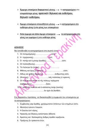 [6]
 Έμψυχα υποκείμενα διαφορετικού γένους το κατηγορούμενο στο
επικρατέστερο γένος: αρσενικό> θηλυκού και ουδετέρου,
θηλυκό> ουδετέρου.
 Άψυχα υποκείμενα οποιουδήποτε γένους το κατηγορούμενο στο
ουδέτερο γένος ή στο γένος των υποκειμένων
 Άλλα έμψυχα και άλλα άψυχα υποκείμενα το κατηγορούμενο στο
γένος των εμψύχων ή στο ουδέτερο γένος
ΑΣΚΗΣΕΙΣ
Να τοποθετηθεί το κατηγορούμενο στο σωστό τύπο:
1. Οἱ ποταμοί(μέγας)…………………….εἰσίν.
2. Ἡ τύχη(κοινός)…………………….ἐστί.
3. Ὁ πατήρ καί ἡ μήτηρ (ἀγαθός)…………………….εἰσίν.
4. Οἱ πολλοί(δεινός)…………………..
5. Τά Λεῦκτρα ἦν (πόλις)…………………………..
6. Φθόνος καί ἒρως (ἐναντίος)…………………………..εἰσίν.
7. Αἰδὼς καί φόβος (ἒμφυτος)……………….ἀνθρώποις εἰσίν.
8. (Ἂπιστος)…………………………..ταῖς πολιτείαις ἡ τυραννίς.
9. Οἱ πολῖται καί πάντα τά τῆς πόλεως πράγματα
(ἐφθαρμένος)…………………..ἦσαν.
10.Ἡ καλλίστη πολιτεία καί ὁ κάλλιστος ἀνήρ (λοιπός)
………………………………. ἂν ἡμῖν εἲη διελθεῖν.
Στις παρακάτω προτάσεις να δικαιολογηθεί η συμφωνία του υποκειμένου με
το κατηγορούμενο:
1. Σύμβουλος γάρ ἀγαθός, χρησιμώτατον ἁπάντων τῶν κτημάτων ἐστίν.
2. Μεσσήνη ἐγένετο Λοκρῶν.
3. Ἡ Σικελία ἐστί νῆσος.
4. Ἠρακλῆς καί Θησεύς κατέστησαν ἀθληταί.
5. Ἀριστεύς καί Καλλικράτης ἂνδρες ἀγαθοί νομίζονται.
6. Πρόξενος ἦν τριάκοντα ἐτῶν.
 