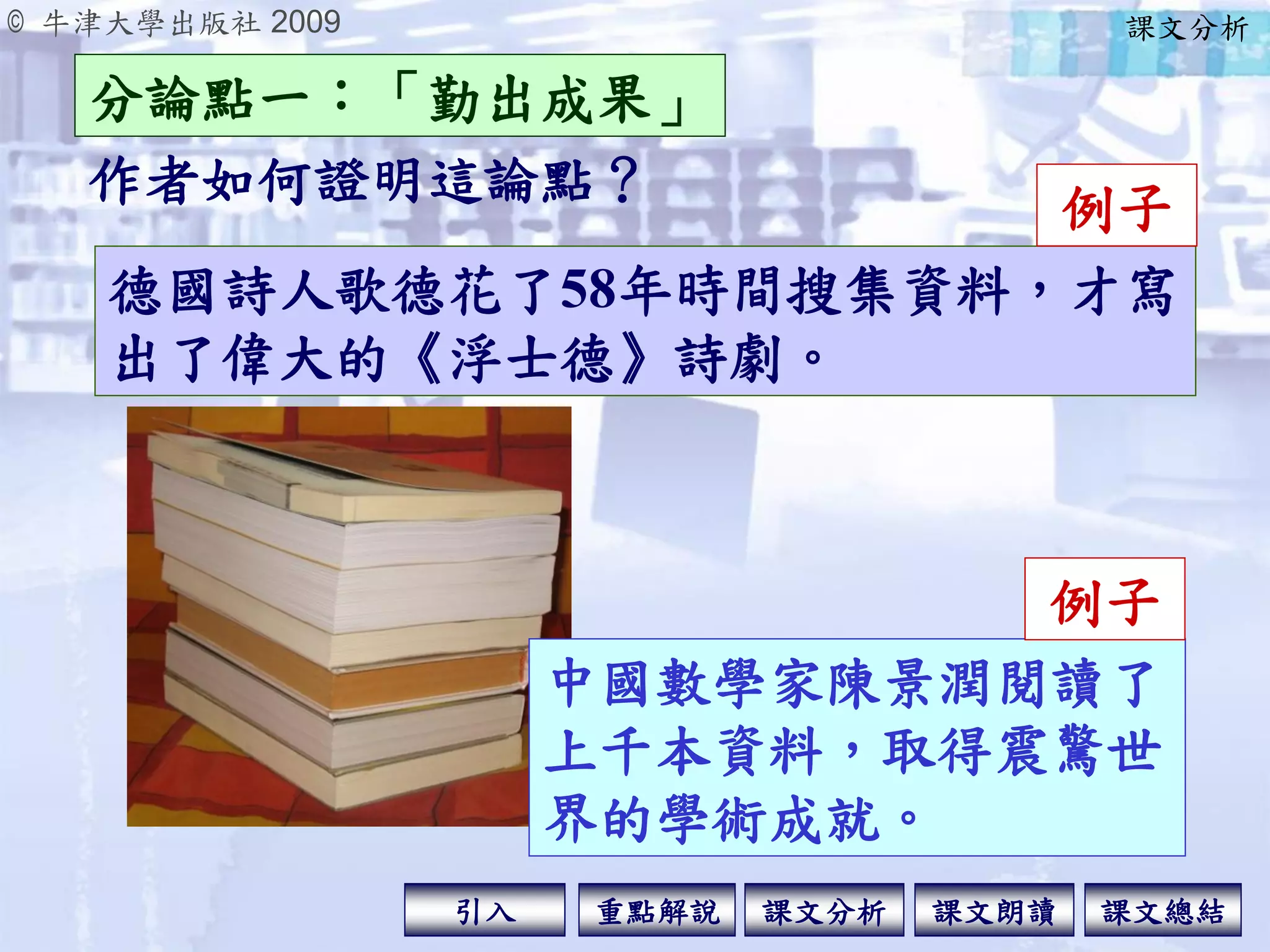 © 牛津大學出版社 2009
引入 課文分析 課文總結重點解說 課文朗讀
分論點一：「勤出成果」
課文分析
作者如何證明這論點？
德國詩人歌德花了58年時間搜集資料，才寫
出了偉大的《浮士德》詩劇。
例子
中國數學家陳景潤閱讀了
上千本資料，取得震驚世
界的學術成就。
例子
 
