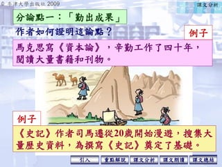 © 牛津大學出版社 2009
引入 課文分析 課文總結重點解說 課文朗讀
作者如何證明這論點？
分論點一：「勤出成果」
課文分析
馬克思寫《資本論》，辛勤工作了四十年，
閱讀大量書籍和刊物。
例子
《史記》作者司馬遷從20歲開始漫遊，搜集大
量歷史資料，為撰寫《史記》奠定了基礎。
例子
 