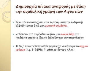 Δημιουργύα πύνακα αναφορϊσ με βϊςη
την ςυμβολικό γραφό των Αιγυπτύων
 ΢ε αυτόν αντιςτοιχύςαμε τα 24 γρϊμματα τησ ελληνικόσ
αλφαβότου με δικϊ μασ μυςτικϊ ςύμβολα.
 «Γϋφυρα» ςτο ςυμβολιςμό όταν μια οικεύα λϋξη ςτα
παιδιϊ τα οπούα τα ύδια τη διϊλεξαν και την απεικόνιςαν.
 Η λϋξη που επϋλεγαν κϊθε φορϊ εύχε να κϊνει με το αρχικό
γρϊμμα (π.χ. Β- βιβλύο, Γ- γϊτα, Δ- δϋντρο κ.λ.π.)
 