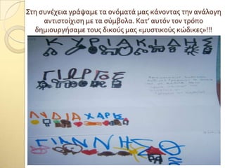 ΢τη ςυνϋχεια γρϊψαμε τα ονόματϊ μασ κϊνοντασ την ανϊλογη
αντιςτούχιςη με τα ςύμβολα. Κατ’ αυτόν τον τρόπο
δημιουργόςαμε τουσ δικούσ μασ «μυςτικούσ κώδικεσ»!!!
 